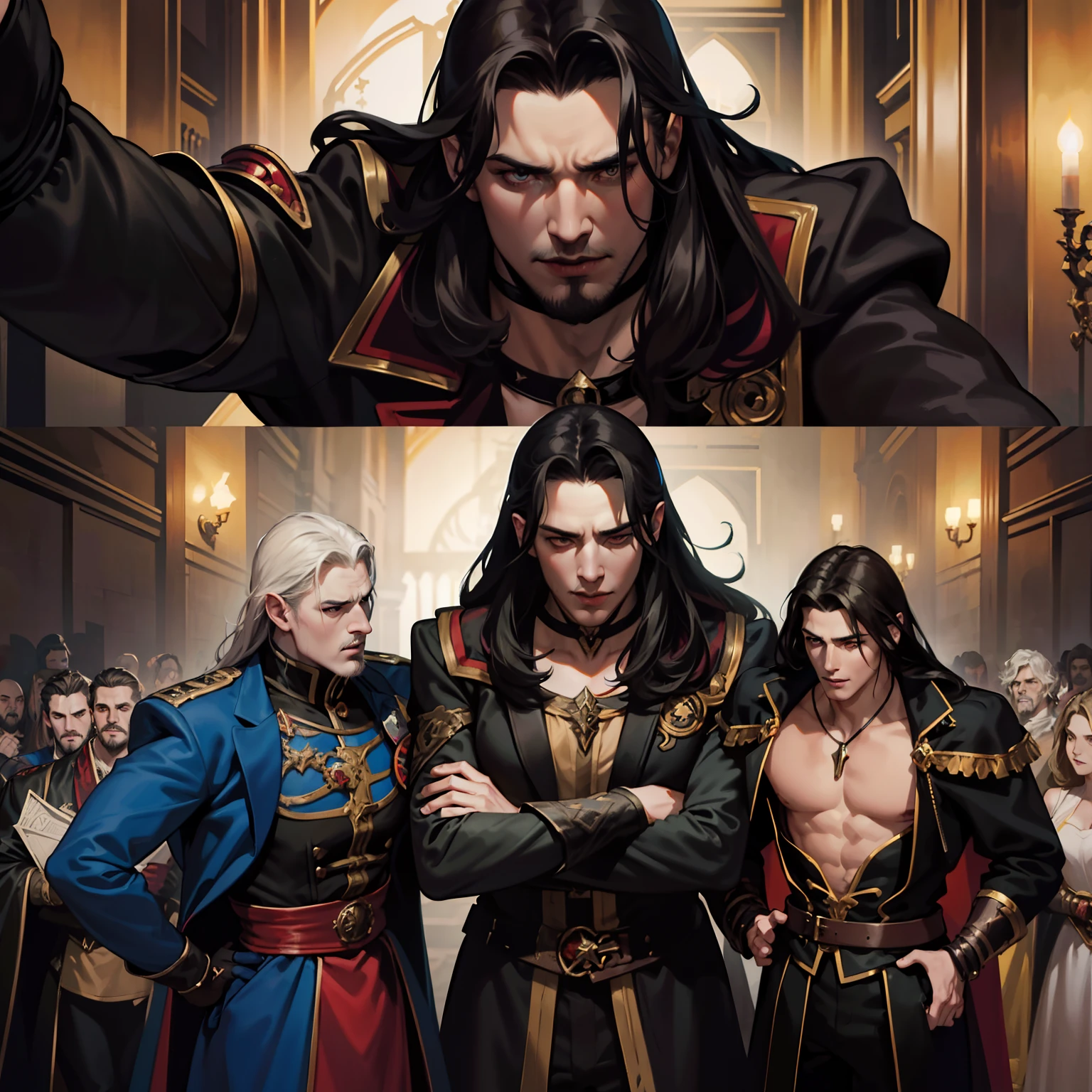 Castlevania Shadow Lord hyper realistic super detailed Dynamic shot masterpiece cinematic scene scenes movie Epic Legendary portrait of Lord Dracula chatting seriuly with demons hell in battle Hyper realistic war super detailed hyper realistic faces super detailed hyper realistic poses super detailed hands correct anatomy muscular proportions very handsome men Marvel comics style sharp details