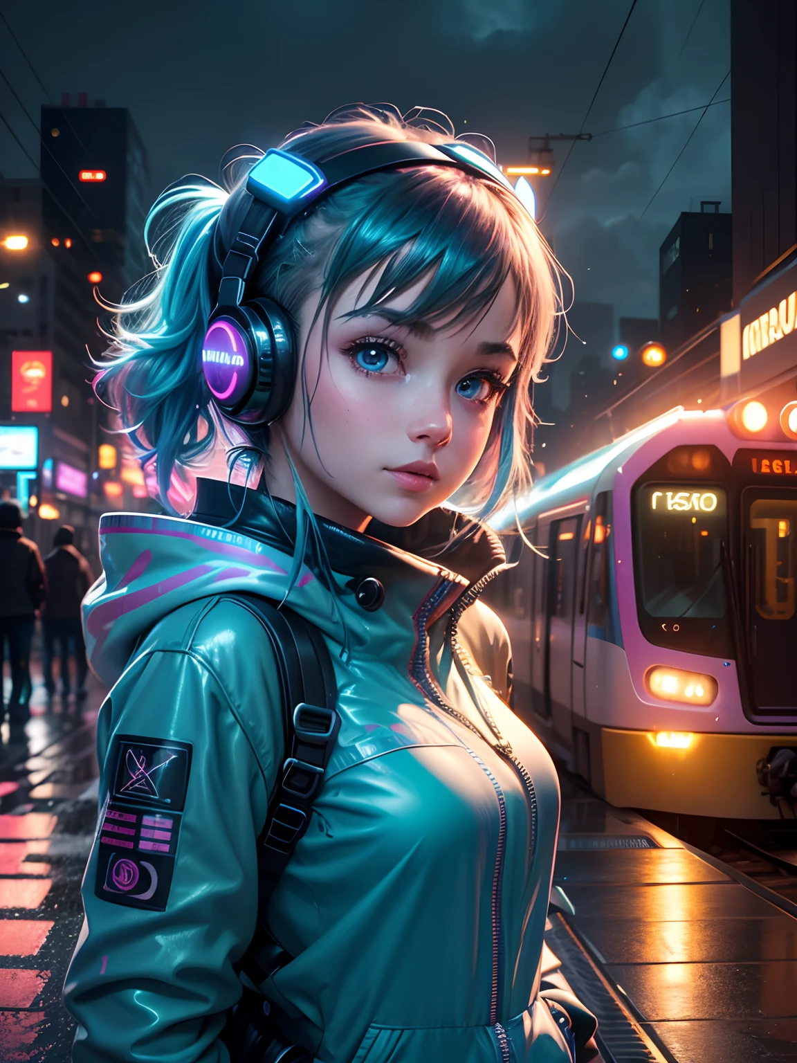 (best quality,4k,8k,highres,masterpiece:1.2),ultra-detailed,(realistic,photorealistic,photo-realistic:1.37),cyberpunk,baby,cute,glowing eyes,wire-framed baby face,neon lights,high-tech stroller,hovering toys,futuristic cityscape backdrop,flying drones with baby monitors,loving parents in futuristic outfits,metallic baby pacifier,digital graffiti on buildings,rain-soaked streets,electric blue color scheme,interactive holograms of baby animals,edgy yet adorable,neon pink and green accents,digital enhancements,sci-fi elements,urban decay with a touch of sweetness,holographic teddy bear,electrically charged atmosphere,retro-futuristic aesthetic,android nanny,high-speed neon-lit train passing by,pixelated clouds,technological advancements integrated into everyday life,glittering raindrops,urban fashion with a twist of cuteness.