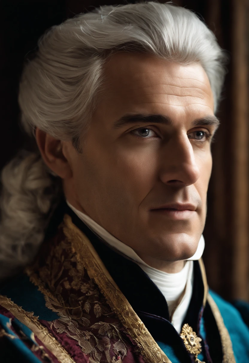 A man in an 18th century priest's outfit, with silver hair.