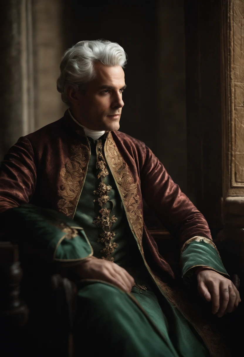 A man in an 18th century priest's outfit, with silver hair.