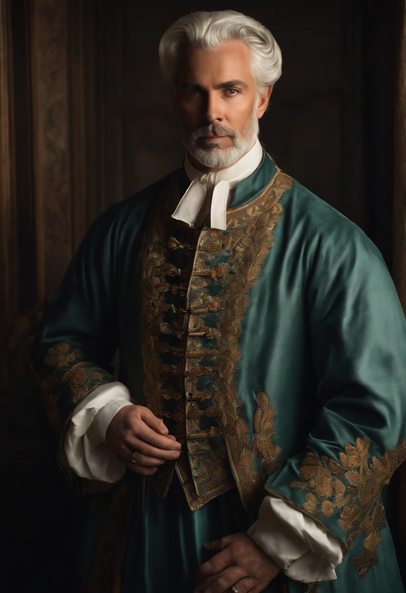 A man in an 18th century priest's outfit, with silver hair.