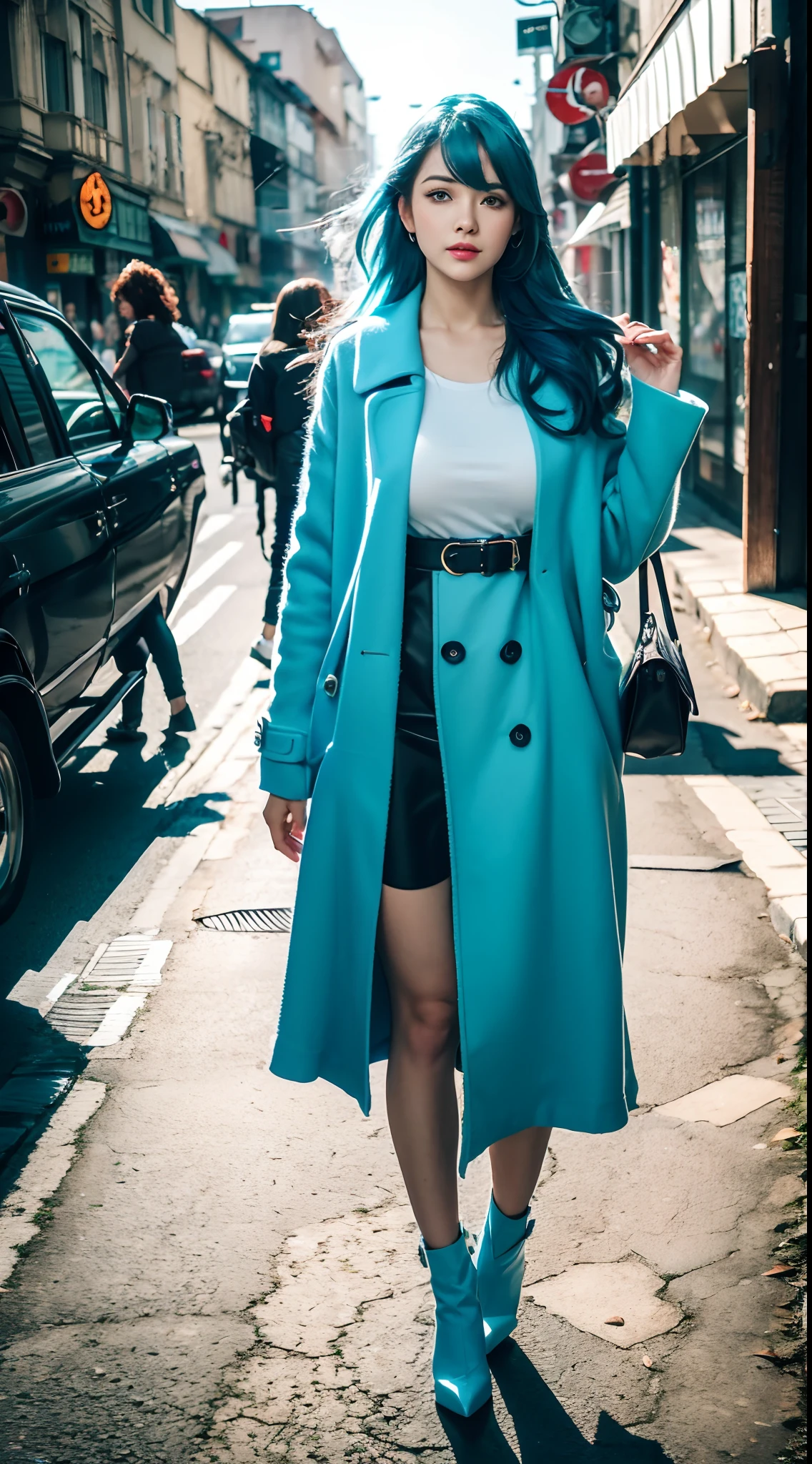 (Best quality,4K,8K,A high resolution,Masterpiece:1.2),Ultra-detailed,(Realistic,Photorealistic,photo-realistic:1.37),Long-range shooting,Blue-haired woman,Hair falls on the left shoulder,Wears a white trench coat lined in red, blackminiskirt,Patterned stockings,High heels,Walking on the street,Portrait,conceptual art,Blurred background,Soft lighting,Vivid tones