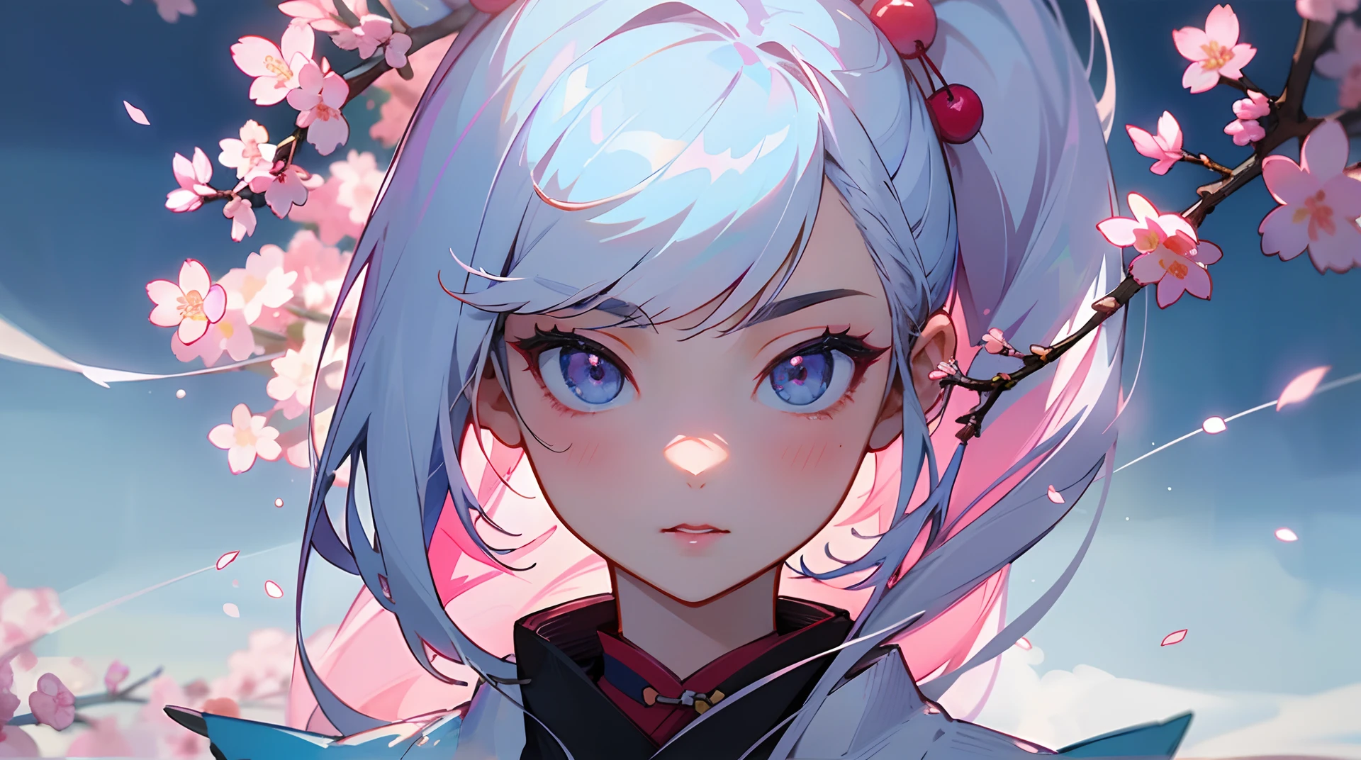 The background is cherry blossoms in the Japan、Mount Fuji
The style of painting is electropop and neon
The main woman stands prominently facing the front。The face is facing straight ahead。Screen ratio is 9 to 16

Women's hair is long and pale pink。A little longer asymmetry。lips are round々And fat。The face is very cute
