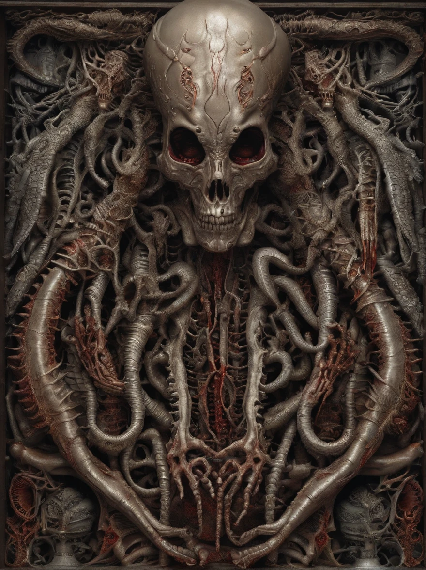 (masterpiece, best quality: 1.2), ultra detailed, highest detail, (body horror: 1.4), (biomachine: 1.3), (bloody: 1.2), living being, (colorful: 1.2), Hans Giger, many hands, (zentangle: 1.2), cranium basher,