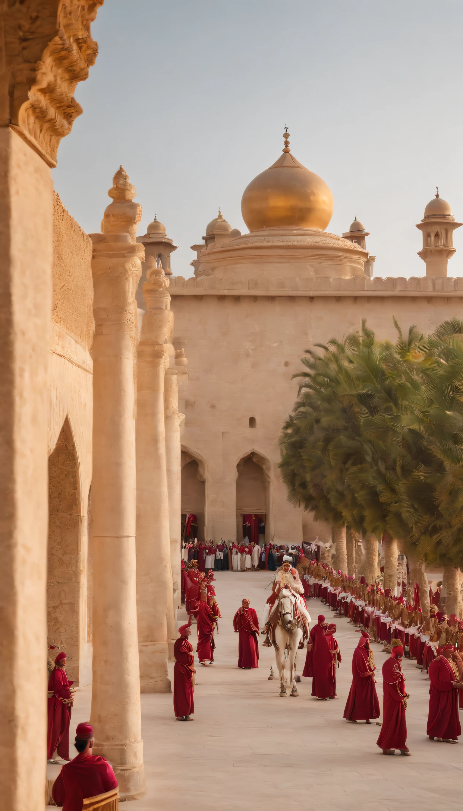 Describe an impressive scene outside the Sultan's palace, where a procession of subjects approaches while carrying valuable gifts, all eager to pay their respects. The palace facade is majestic, adorned with splendid architectural details, and the sunlight enhances the grandeur of the moment. The subjects, dressed in luxurious attire, wait with reverence at the entrance, creating an image of great pomp and ceremony