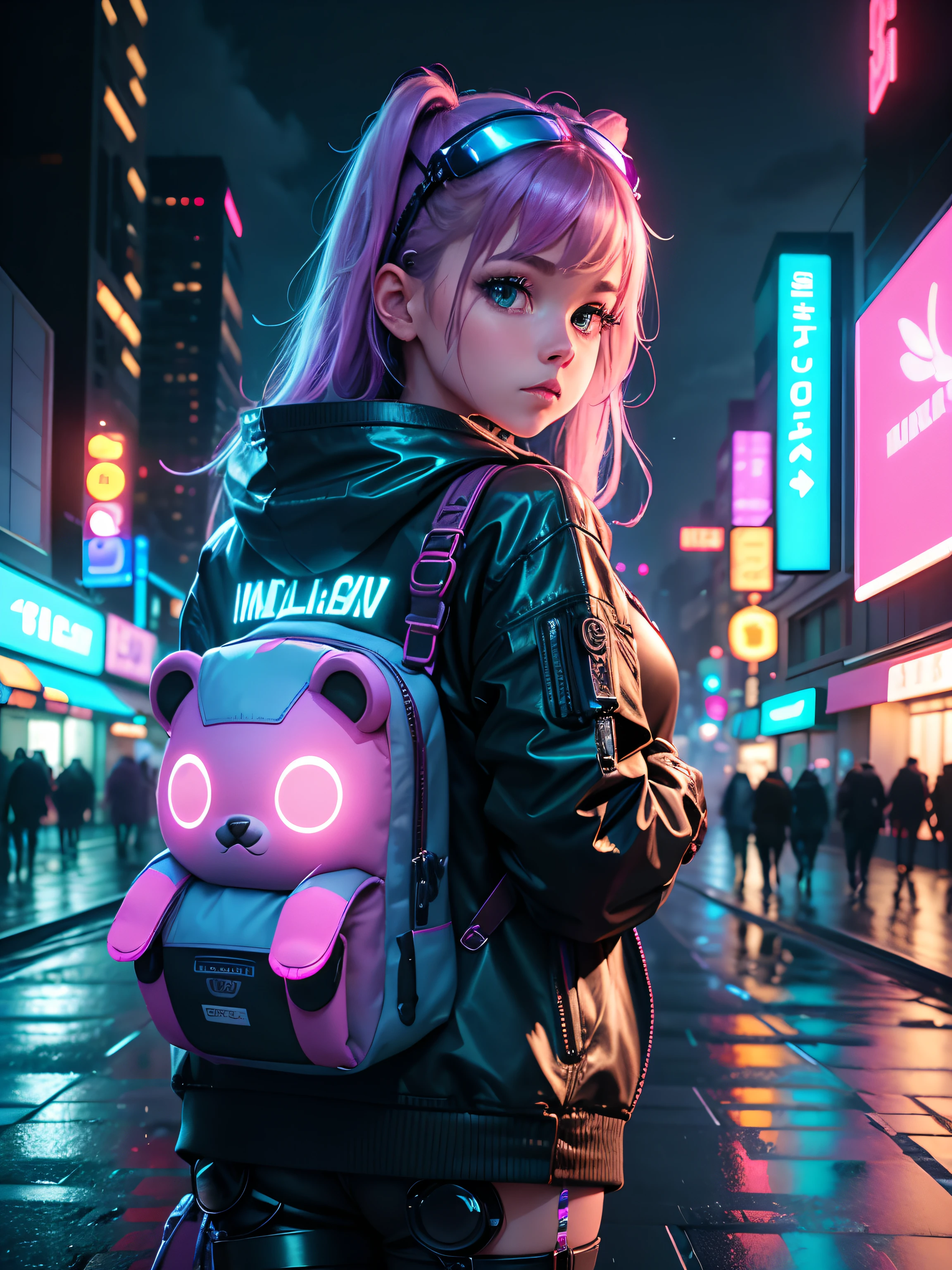 (best quality,4k,8k,highres,masterpiece:1.2),ultra-detailed,(realistic,photorealistic,photo-realistic:1.37),cyberpunk,baby,cute,glowing eyes,wire-framed baby face,neon lights,high-tech stroller,hovering toys,futuristic cityscape backdrop,flying drones with baby monitors,loving parents in futuristic outfits,metallic baby pacifier,digital graffiti on buildings,rain-soaked streets,electric blue color scheme,interactive holograms of baby animals,edgy yet adorable,neon pink and green accents,digital enhancements,sci-fi elements,urban decay with a touch of sweetness,holographic teddy bear,electrically charged atmosphere,retro-futuristic aesthetic,android nanny,high-speed neon-lit train passing by,pixelated clouds,technological advancements integrated into everyday life,glittering raindrops,urban fashion with a twist of cuteness.