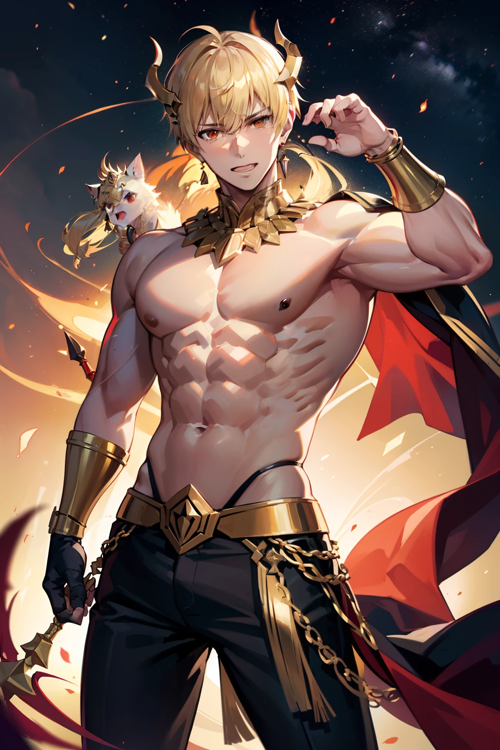 "(Gilgamesh, de espaldas, trasero enorme, pose  seductora, sonrisa arrogante, defined muscles, pecho prominente y grande, pecho musculoso enorme, musculos marcados, hombros anchos, poca ropa, fondo negro de estrellas, pecho descubierto, sin armaduras, sin tatuajes, SIN PANTALONES, sin armaduras doradas, pose sexy, poca ropa, tetas grandes, cuerpo sudado, piernas musculosas, tocandose las tetas de hombre, entrepierna marcada, gran pene, trasero enorme, VENAS MARCADAS, CUERPO MOJADO, con licor en el pecho, con crema en el cuerpo, en el fuego, mucho fuego)"