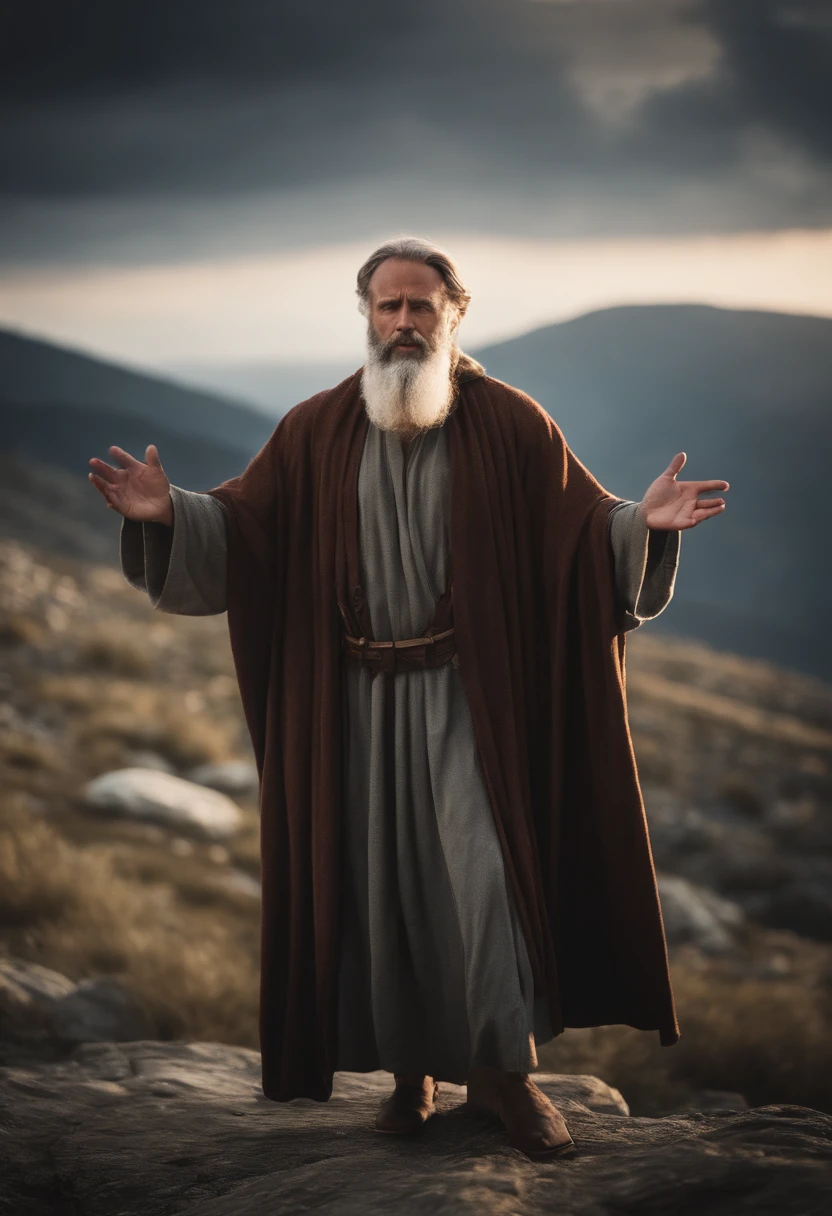 Prophet Elijah with a robe in his hand on top of a mountain preaching to a crowd.