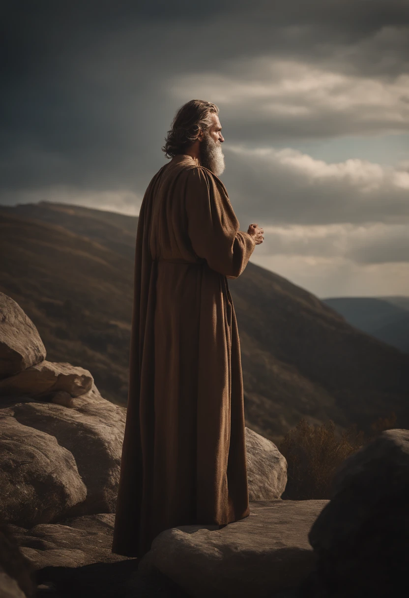 Prophet Elijah with a robe in his hand on top of a mountain preaching to a crowd.