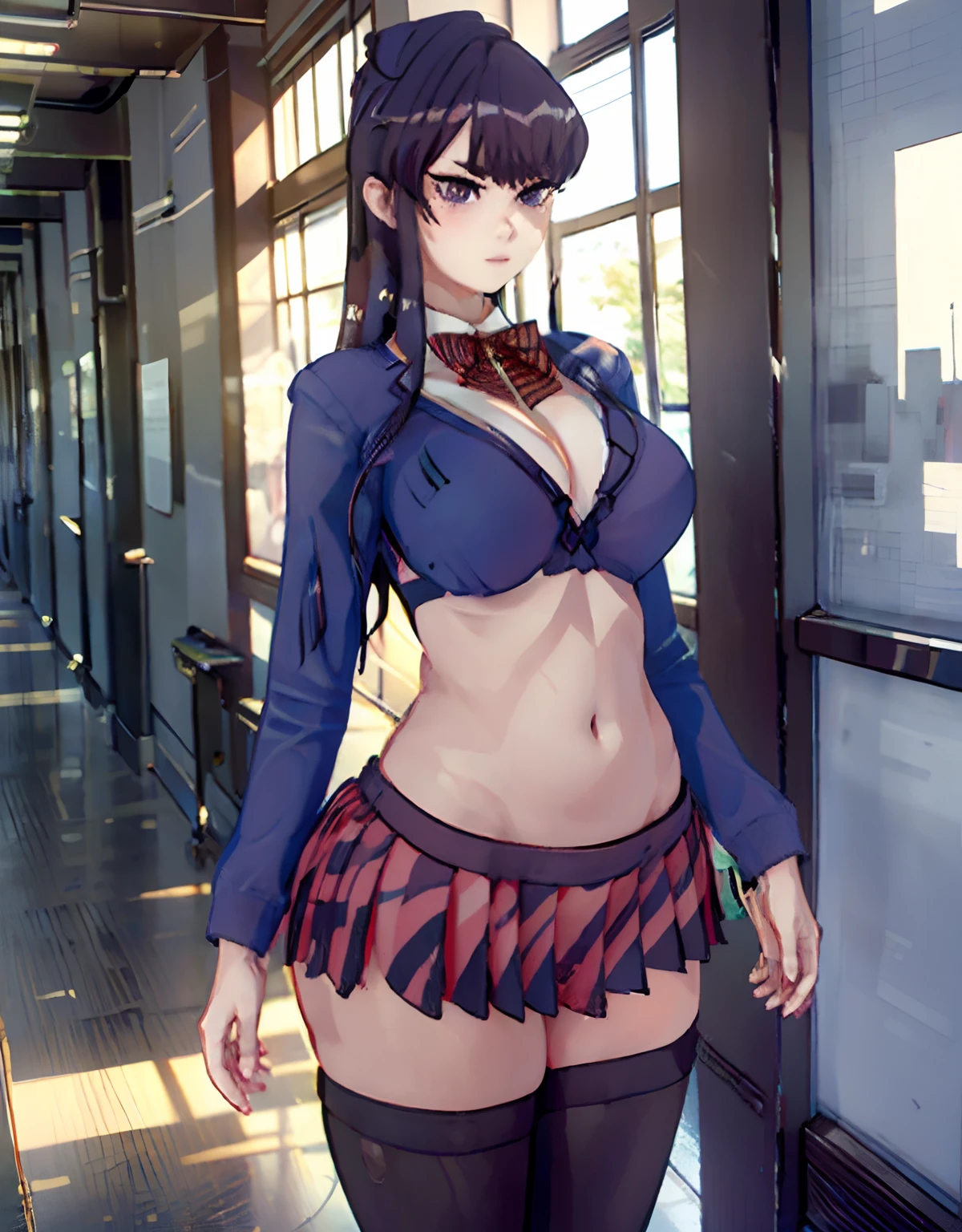 masterpiece, best quality, ultra detailed, art station, (full body in frame), 1girl, romanticism, solo, (detailed face), cute face, (((slim face))), ((sharp jawline)), blush:1.2, (heart shaped pupil:1.4), seductive smile, gasp, steam, (big eyes), panic, flustered, wind swept hair, cute choker, black choker, bowtie, (((tight school uniform))), (((mini school uniform))), (cropped school unform), (((unbuttoned:1.3))), ((bikini:1.6)), medium large boobs, perky boobs, puffy nipples, perky nipples, cleavage visible, showing off cleavage, showing off midriff, (showing off belly), bloated belly, puffy belly, (muffin top belly:1.1), abs, slightly muscular abs, accurate belly button, accurate lower belly, (slim waist), (wide hips), (panty strings:1.1), (((thong strings:1.1))), (mini skirt), thick thighs, (muscular thighs:1.2), (muffin thighs:1.2), thigh highs, looking at viewer, (dutch angle:1.2), facing the viewer, blur background, (background in a school hallway:1.4), (dappling sunlight:1.3), (vibrant colours:1.2), bright colours