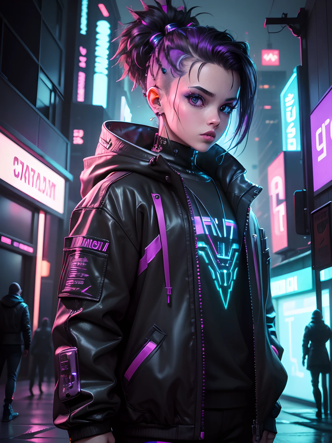 (best quality,4k,8k,highres,masterpiece:1.2),ultra-detailed,(realistic,photorealistic,photo-realistic:1.37),Cute baby, boy, mullet,cyberpunk style,neon lights,purple hues,android,robotic enhancements,brightly colored clothing,urban setting,high-tech accessories,playful expression,energetic pose,vibrant colors,saturated tones,hacker theme,sci-fi elements,glowing tattoos,shiny metal implants,urban decay,dystopian atmosphere,futuristic cityscape,neon signs,holographic projections,dark alleyways,hovering vehicles,technological advancements,electric atmosphere,retro-futurism,blade runner-inspired,neon-lit streets,nighttime ambiance,sharp contrasts,fashion-forward outfit,child prodigy,virtual reality experience,glitch effects,cybernetic implants,mohawk hairstyle,hacker's den,digital graffiti,binary code,electronic music,virtual pets,futuristic gadgets,techno-babble,street art.