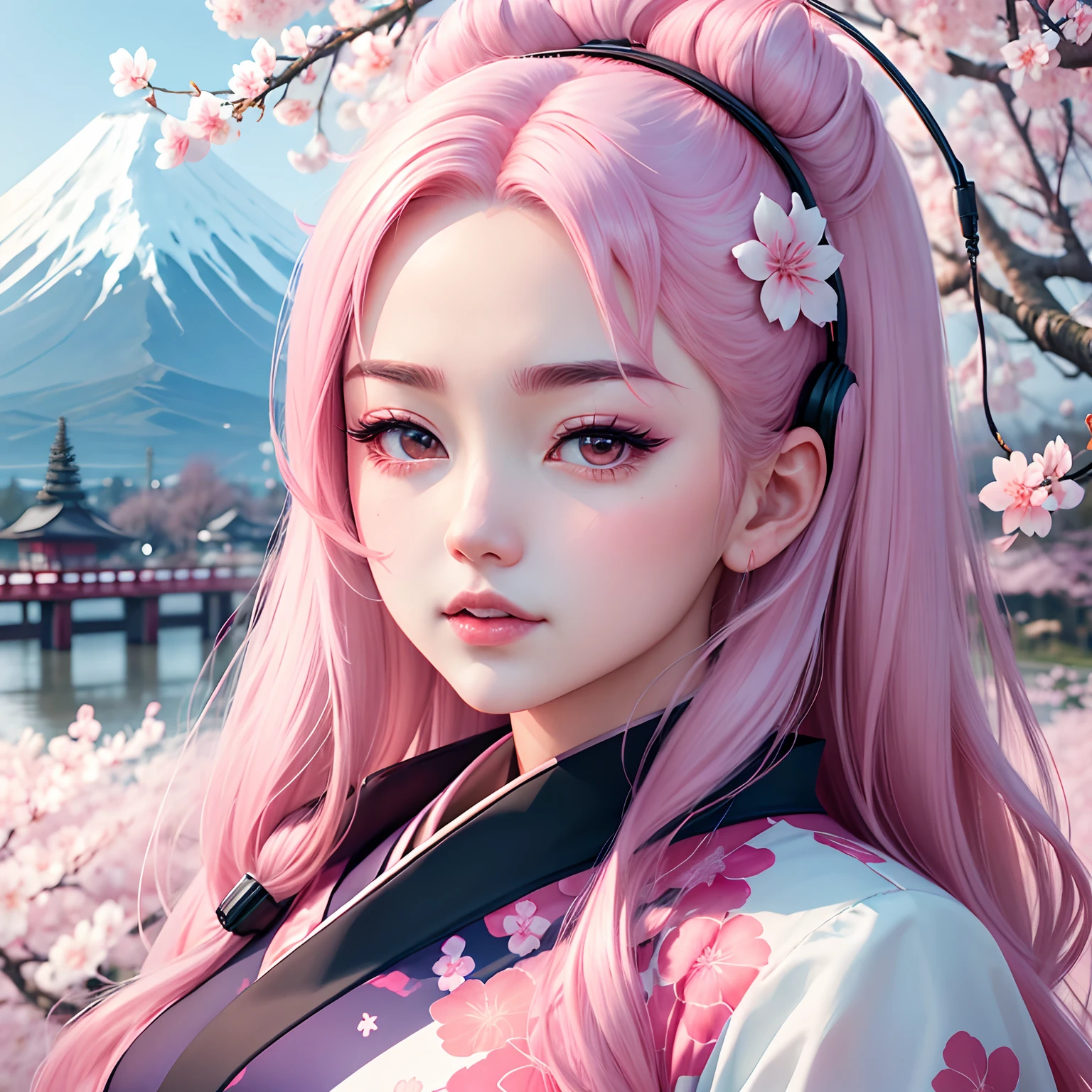 The background is cherry blossoms in the Japan、Mount Fuji The style of painting is electropop and neon The main woman stands prominently facing the front。The face is facing straight ahead。Screen ratio is 9 to 16 Women's hair is long and pale pink。The face is very cute。lips are very thick。The body shape and clothing that Americans like so much。
