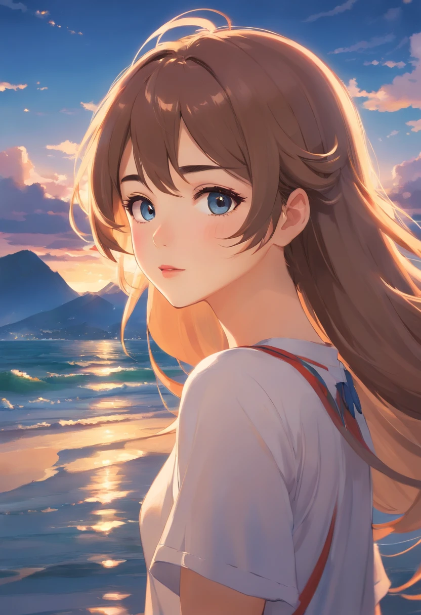 Unbeatable masterpiece, surreal 8K, Perfect artwork, Super Detalhe, best quality, masterpiece 4K wallpaper aesthetics, master part, Obra premiada, Arte Oficial, Cinematic lighting. (Great work: 1.3), (best quality: 1.1) (master part: 1.3) This is a masterpiece of female portraiture and is considered a masterpiece. The girl in the painting is charming, maravilhoso e encantador. His face is delicate, her lips are delicate and soft, she's richly dressed, Seu acabamento em ouro branco brilha, and her hair is carefully trimmed, como se fosse uma obra de arte perfeita. A menina tem um peito achatado e pernas longas e elegantes. The background is a sunny sea, com ondas batendo contra o recife, como se misturasse com a sensualidade das mulheres, presenting a dynamic and seductive visual effect. _v47:1≫。