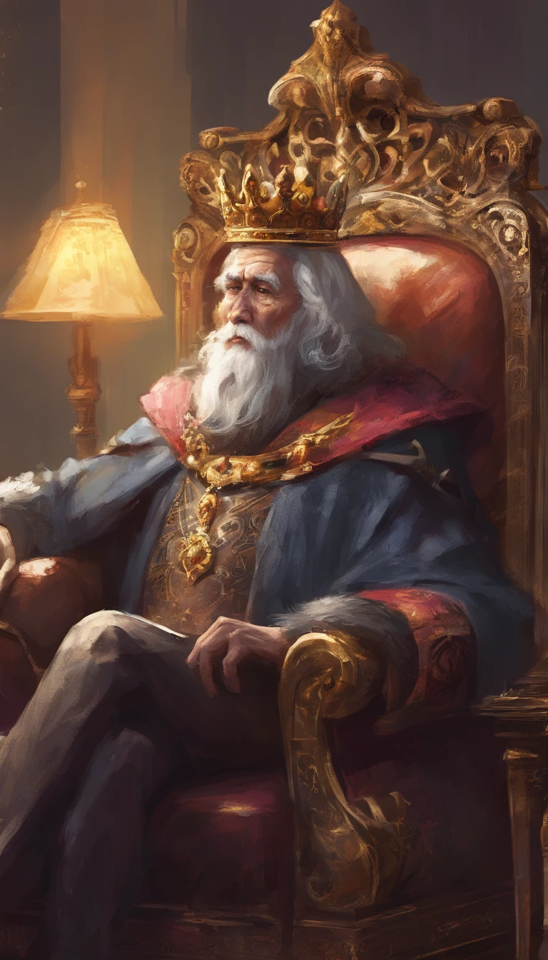 Elderly king with a crown on his head sitting on a couch and watching television in the living room and remote control in hand