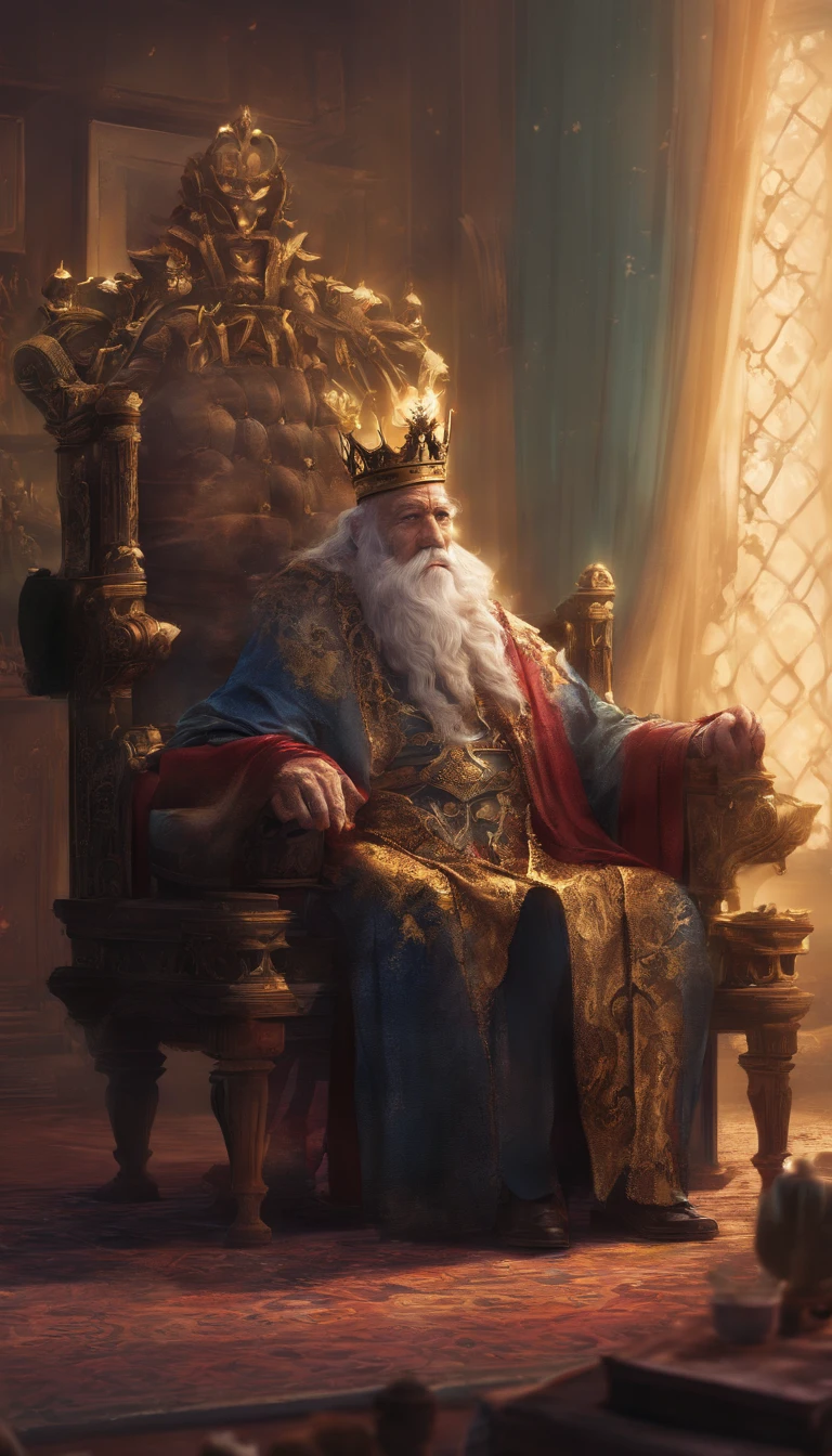 Elderly king with a crown on his head sitting on a couch and watching television in the living room and remote control in hand