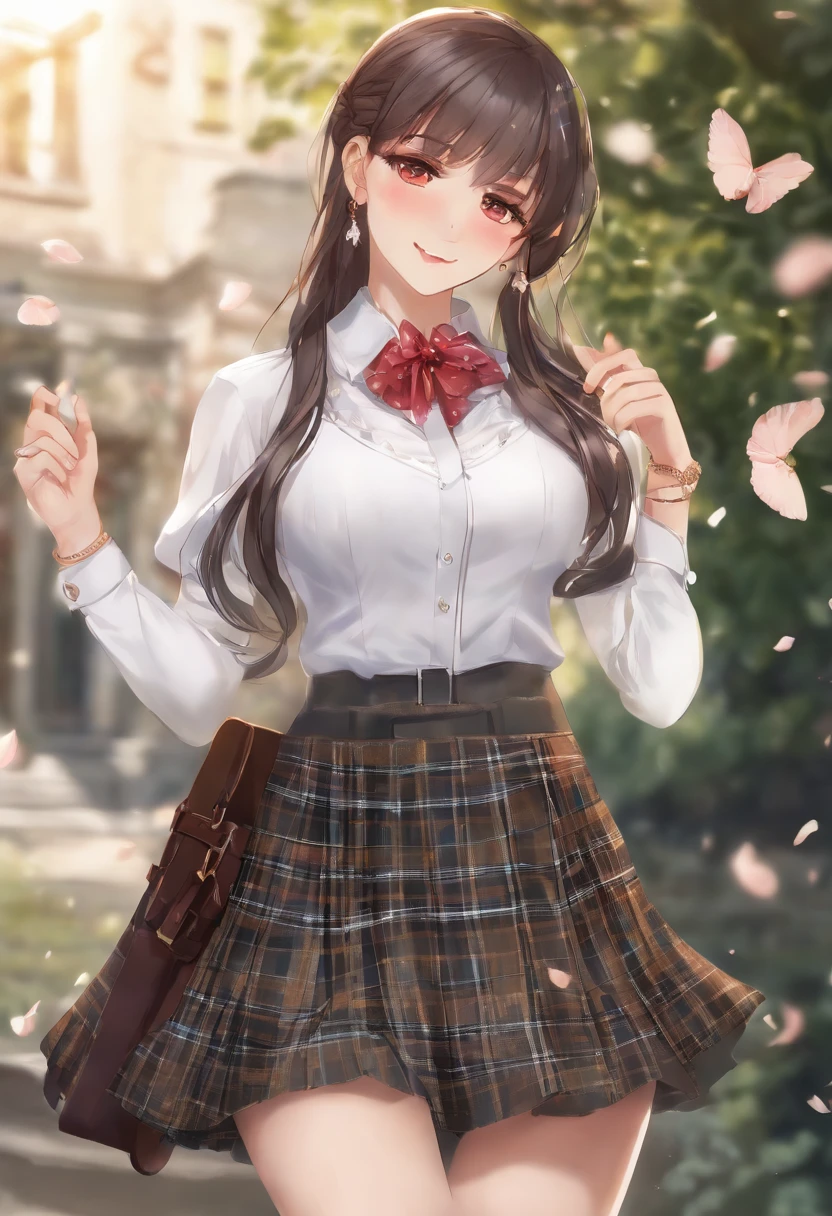 Full body, 1girl in, Bangs, Black Choker, black necktie, Black hair, Blue skirt, blush, Bracelet, breasts, Choker, clothes around waist, 鎖骨, Collared shirt, dress shirts, ear piercings, eyebrows visible through hair, Gradient Hair, grin, gals, Jewelry, Kogal, Long hair, Looking at Viewer, loose necktie, neck tie, Piercing, Plaid, plaid skirts, Pleated skirt, Red Eyes, Ring, School uniform, Shirt, Skirt, Smile, Solo, White shirt, Street, skyporn, cherryblossom, flower petals, (magazine:1.3), (cover-style:1.3), Fashionable, Woman, Vibrant, outfit, Posing, front, Colorful, Dynamic, Background, element in, which are full of confidence, expression, Holding, statement, accessory, An majestic, coiled, Around, Touch, Scene, Text, cover, Bold, captures the attention, titles, Stylish, Font, Catchy, headline, Larger, striking, Trendy, Focus, Fashion, Blonde hair, Very long hair, Halo, Hair Bow, Smile, longeyelashes, Cowboy Shot, Illustration, Modern, letterbox, One-person viewpoint, surrealism, masutepiece, Best Quality, nffsw, hight resolution, Anatomically correct, Textured skin, Super Detail, high details, retinas, masutepiece, ccurate, 4K, no background