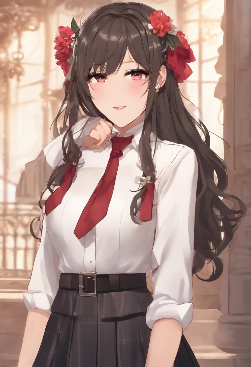 Full body, 1girl in, Bangs, Black Choker, black necktie, Black hair, Blue skirt, blush, Bracelet, breasts, Choker, clothes around waist, 鎖骨, Collared shirt, dress shirts, ear piercings, eyebrows visible through hair, Gradient Hair, grin, gals, Jewelry, Kogal, Long hair, Looking at Viewer, loose necktie, neck tie, Piercing, Plaid, plaid skirts, Pleated skirt, Red Eyes, Ring, School uniform, Shirt, Skirt, Smile, Solo, White shirt, Street, skyporn, cherryblossom, flower petals, (magazine:1.3), (cover-style:1.3), Fashionable, Woman, Vibrant, outfit, Posing, front, Colorful, Dynamic, Background, element in, which are full of confidence, expression, Holding, statement, accessory, An majestic, coiled, Around, Touch, Scene, Text, cover, Bold, captures the attention, titles, Stylish, Font, Catchy, headline, Larger, striking, Trendy, Focus, Fashion, Blonde hair, Very long hair, Halo, Hair Bow, Smile, longeyelashes, Cowboy Shot, Illustration, Modern, letterbox, One-person viewpoint, surrealism, masutepiece, Best Quality, nffsw, hight resolution, Anatomically correct, Textured skin, Super Detail, high details, retinas, masutepiece, ccurate, 4K, no background