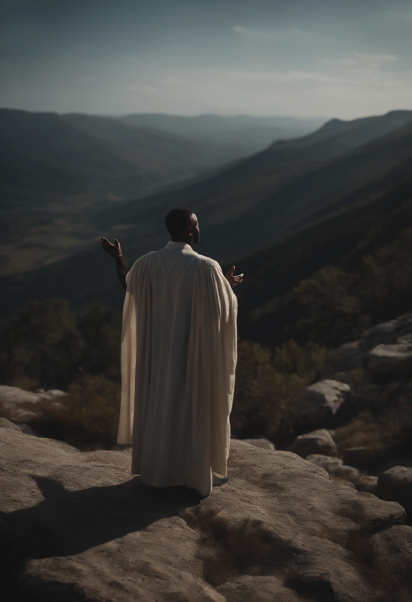 Rofeta Elijah with a robe in his hand on top of a mountain preaching to a crowd. with his disciple