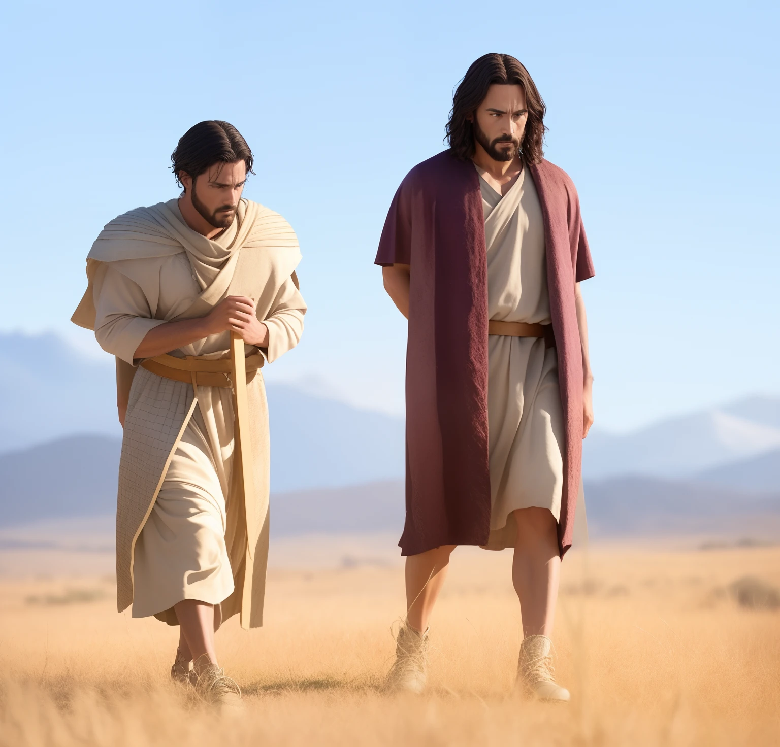 Jesus caminhando com um em um campo com montanhas ao fundo, joseph and joseph, biblical clothing, ainda do filme, Vestido como Jesus Cristo, ainda de um filme live action, filme ainda do filme, imagem promocional do filme, ainda do filme, biblical epic movie, filme promocional ainda, cena do filme live action, cena do filme
