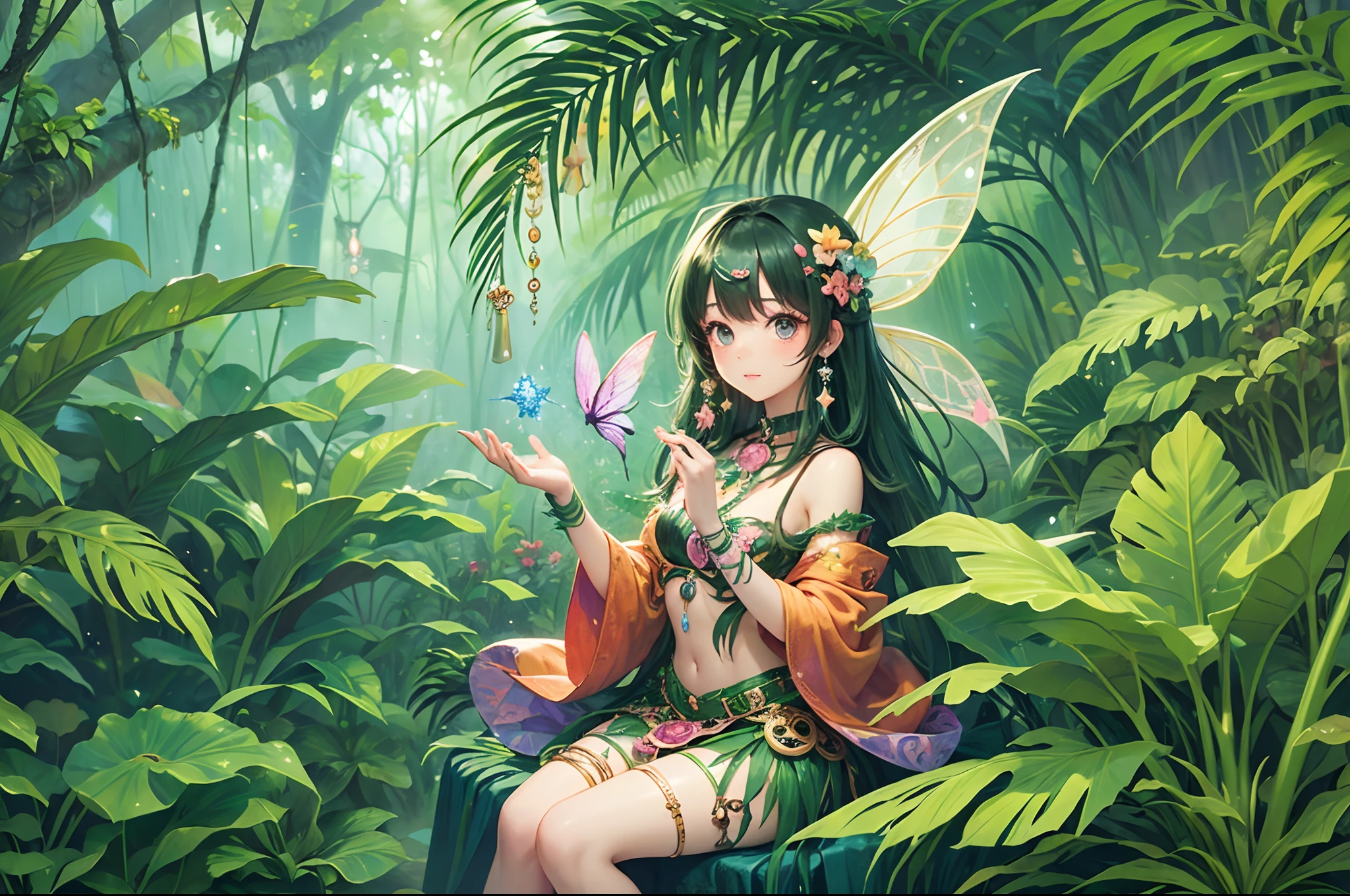 (fantasy jungle:1.5), best quality, masterpiece, cute fairy, fairy wings, on a mystical jungle, foliage, tropical, kawaii, mystery, magical, ((mythical animals and mysterious on the background)), sparkles, exotic flowers, glittery , jungle, monkeys