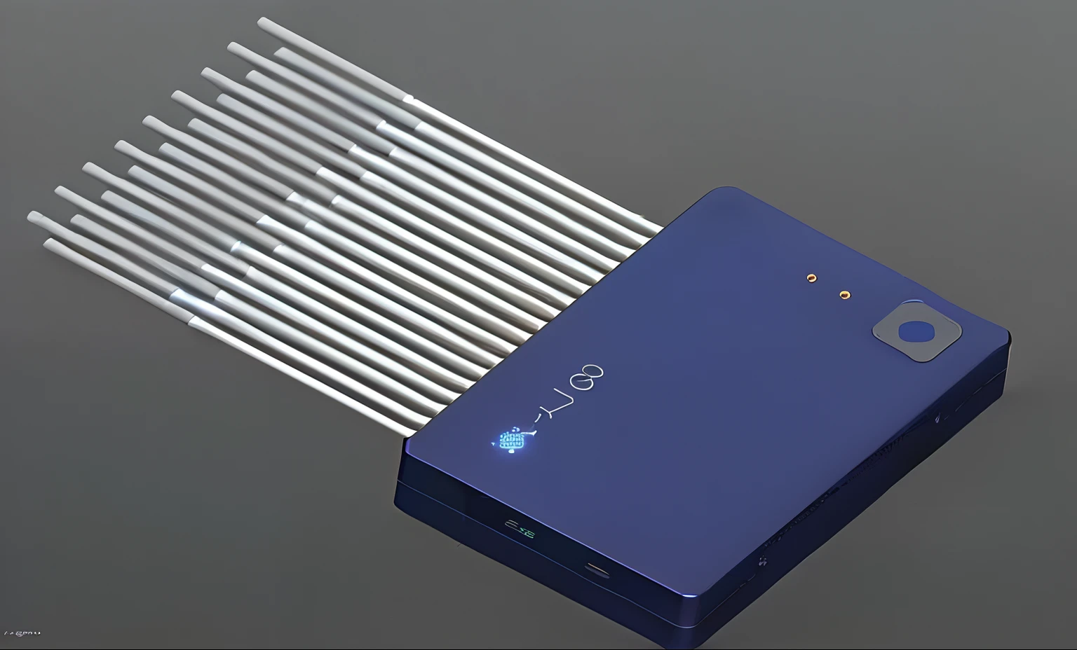 Close up of blue phone with a bunch of white sticks, thin glowing devices, depicted as a 3 d render, Thin healing luminescent device, concept image, 3 d product render, Quantum sensor resonator, Product rendering, inspired by Lü Ji, product design render, micro Chip, flat metal antenna, Light sensor, Sensor array, kan liu