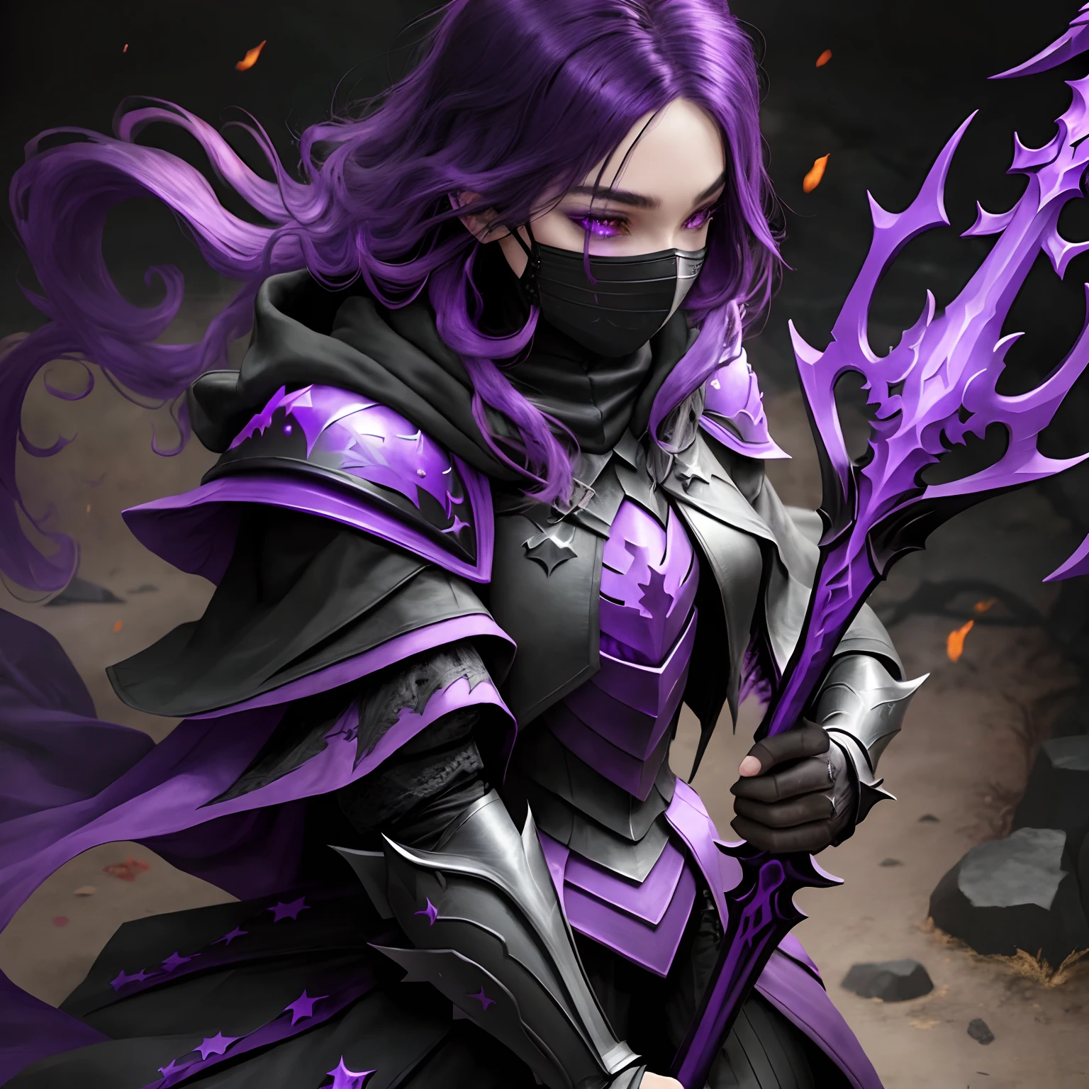 ember, in black armor with purple colors, wearing a black and purple mask and hood, with a black sword and a purple star and purple magic