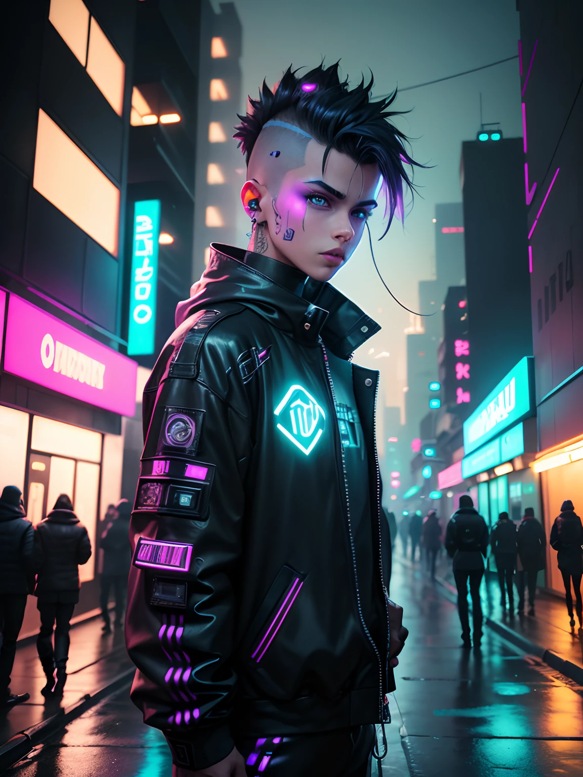 (best quality,4k,8k,highres,masterpiece:1.2)(baby boy),ultra-detailed,(realistic,photorealistic,photo-realistic:1.37),Cute baby, boy, mullet,cyberpunk style,neon lights,purple hues,android,robotic enhancements,brightly colored clothing,urban setting,high-tech accessories,playful expression,energetic pose,vibrant colors,saturated tones,hacker theme,sci-fi elements,glowing tattoos,shiny metal implants,urban decay,dystopian atmosphere,futuristic cityscape,neon signs,holographic projections,dark alleyways,hovering vehicles,technological advancements,electric atmosphere,retro-futurism,blade runner-inspired,neon-lit streets,nighttime ambiance,sharp contrasts,fashion-forward outfit,child prodigy,virtual reality experience,glitch effects,cybernetic implants,mohawk hairstyle,hacker's den,digital graffiti,binary code,electronic music,virtual pets,futuristic gadgets,techno-babble,street art.