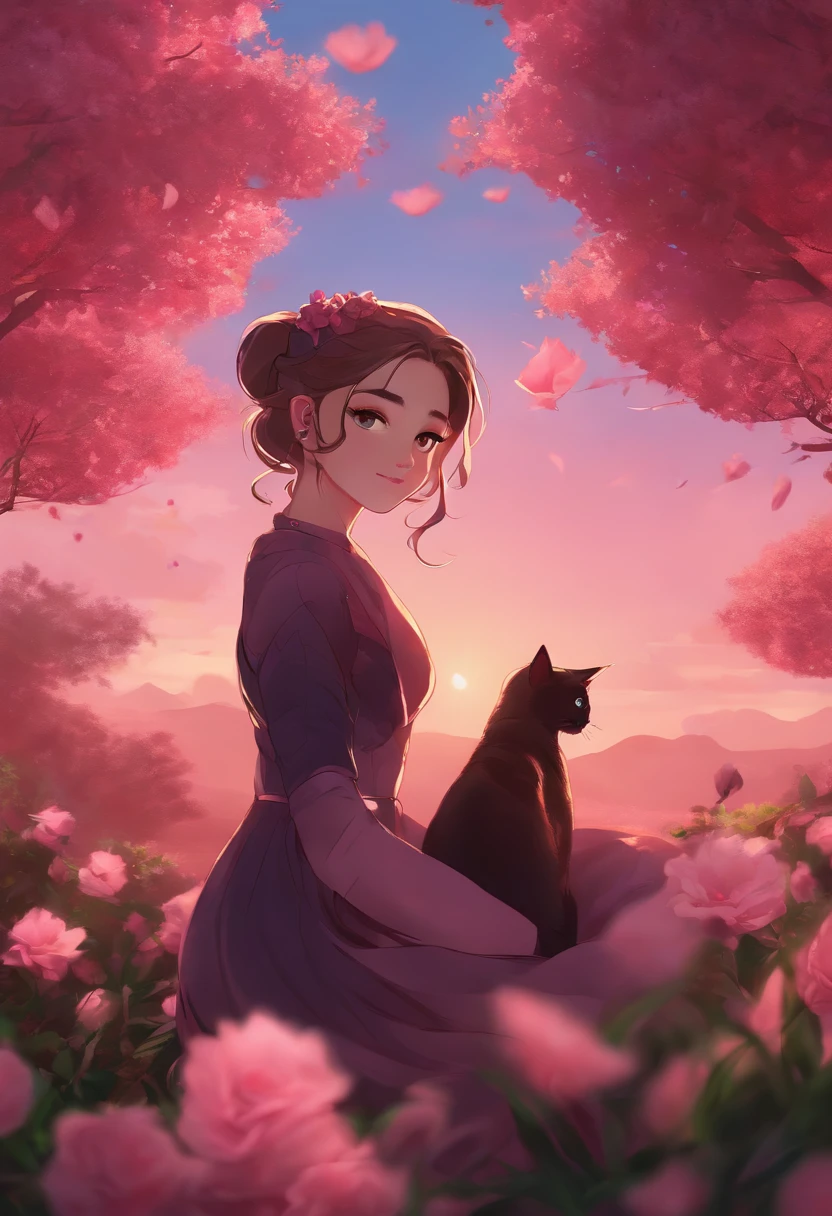 (best quality, masterpieces), (filmic space:1.2), (1girl, soloist:1.4), petals, pink eyes, cat, crimson sky background,illustration