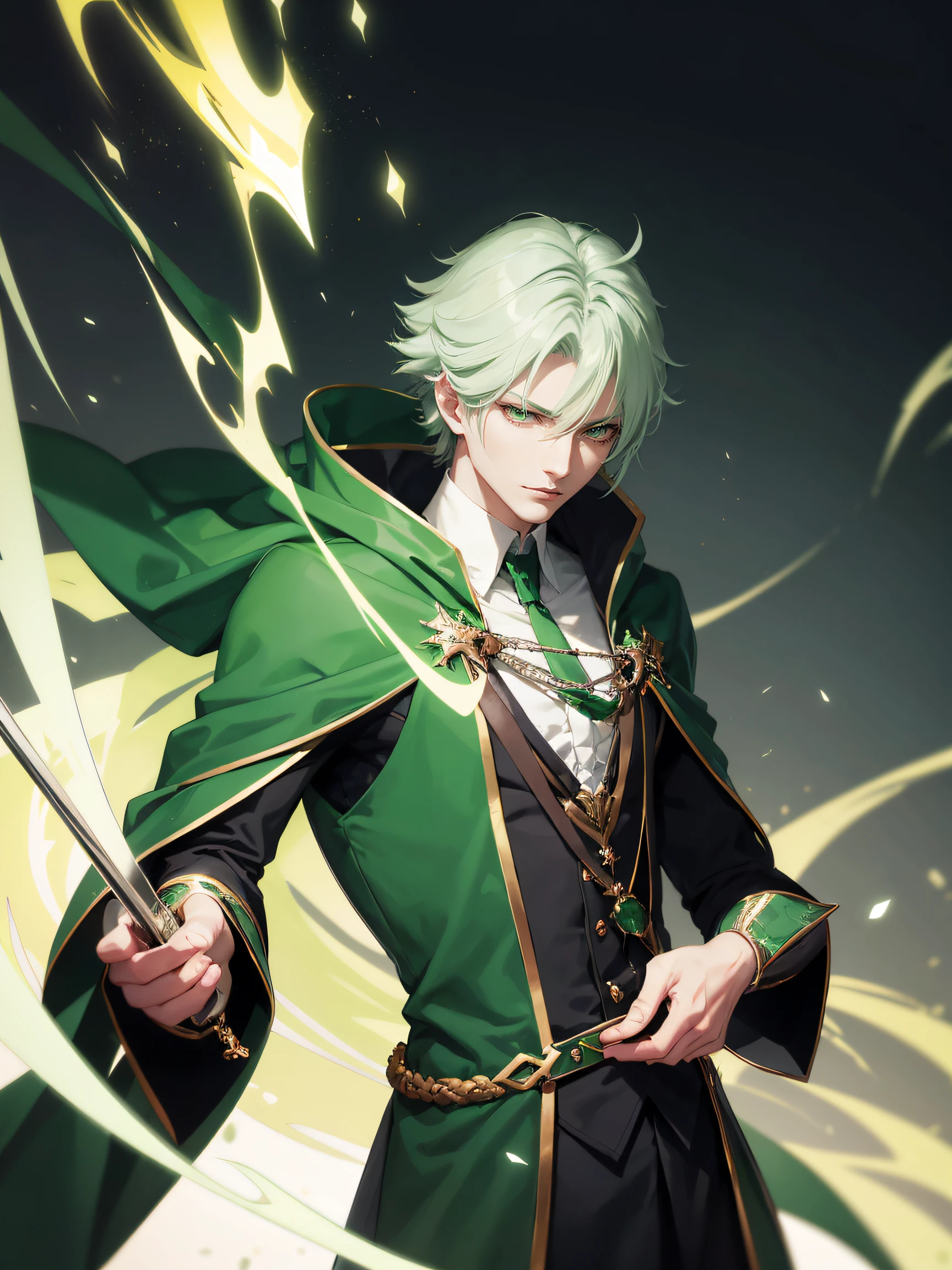 Anime - Stylistic image of a man in a green cloak and a green cape, casimir art, Beautiful androgynous prince, handsome guy in demon killer art, picture of a male cleric, official character illustration, Delicate androgynous prince, inspired in kris from deltarrune, offcial art, official character art, dressed like a cleric