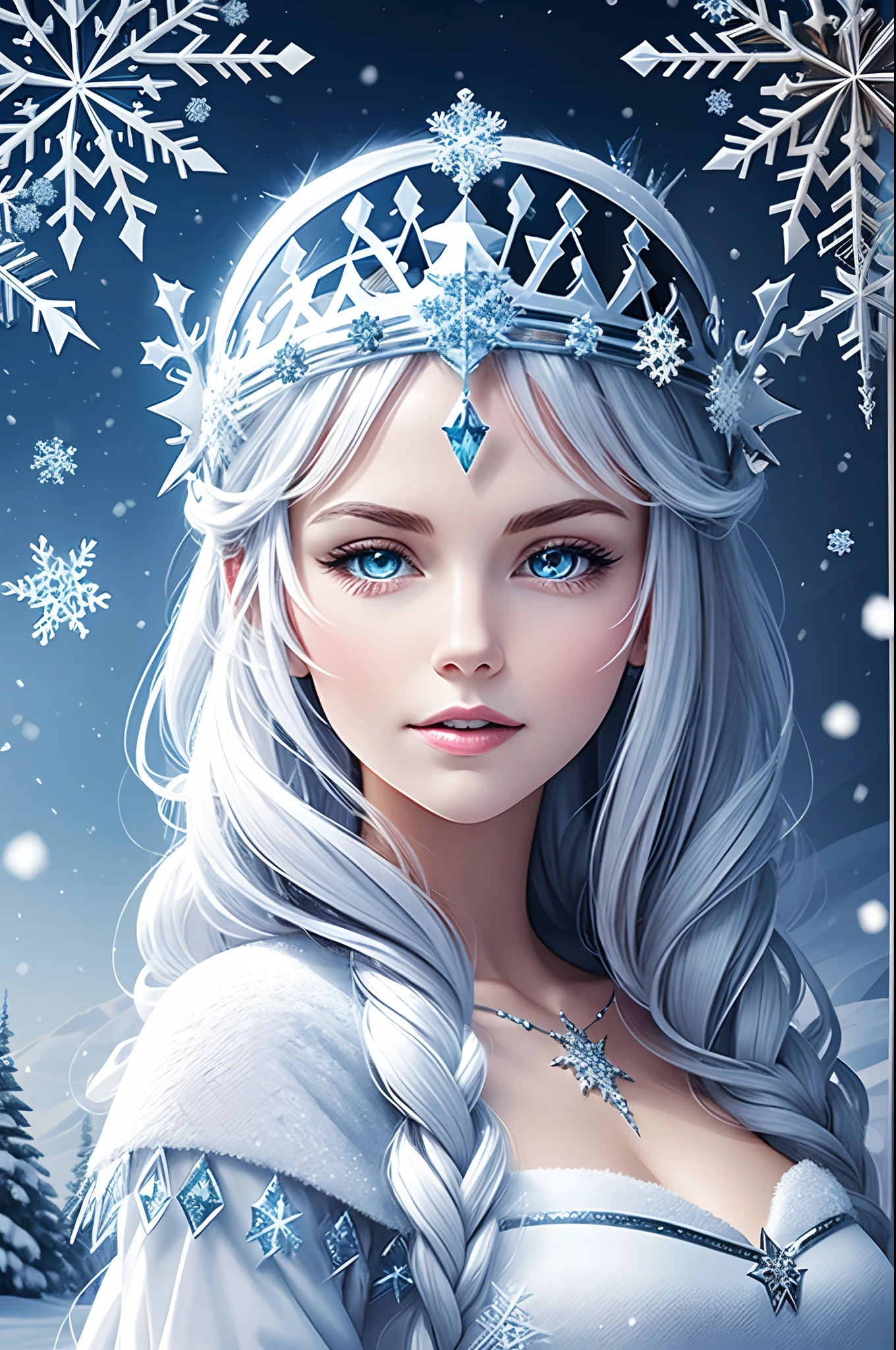 Create a digital collage showcasing various symbols and elements associated with the Snow Queen, such as snowflakes, mirrors, and crowns.