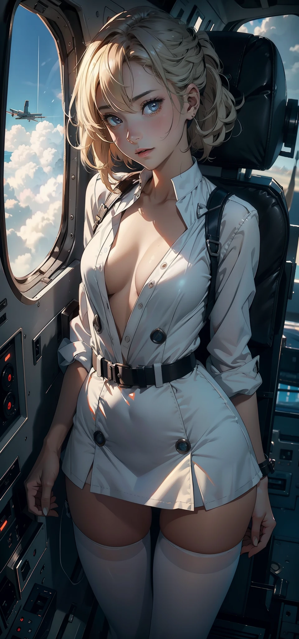 1female,Small ,Pornographic exposure, 独奏,(Background with:The plane is in flight,Planes,inside of a cabin,) She has short blonde hair,bobo head,Stand in the pilot's seat of the aircraft,seen from the front, hair straight, mostly cloudy sky,(((tmasterpiece),(Very detailed CG unity 8K wallpaper),best qualtiy,cinmatic lighting,detailed back ground,beatiful detailed eyes,Bright pupils,(Very fine and beautiful),(Beautiful and detailed eye description),ultra - detailed,tmasterpiece,)),facing at camera,A high resolution,ultra - detailed),revealing breasts,Bare genitalia, Bulge,legs are open,Raised sexy,Camel toes,Flushed complexion,Open-mouthed,frontage,us airforce,Aviator,(Wearing:White fluffy skirt,Black pantyhose)The upper part of the body