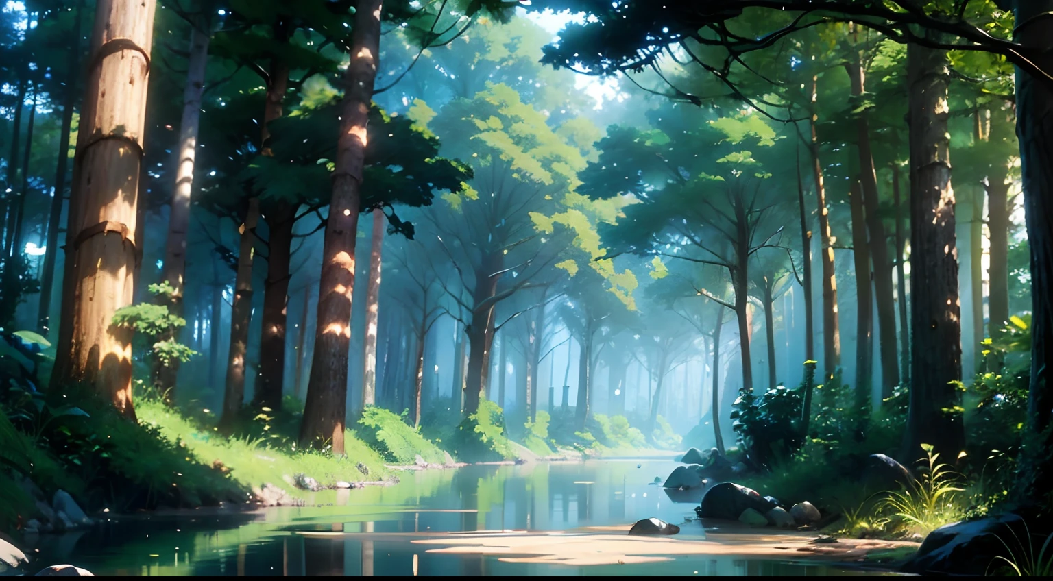 (Estilo Makoto Shinkai) forest tree trunks woods swamps stones