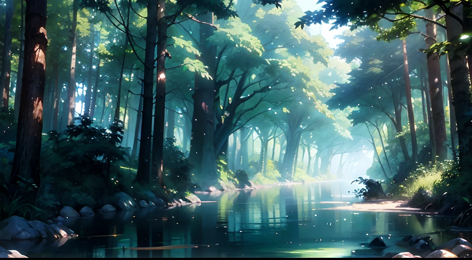 (Estilo Makoto Shinkai) forest tree trunks woods swamps stones
