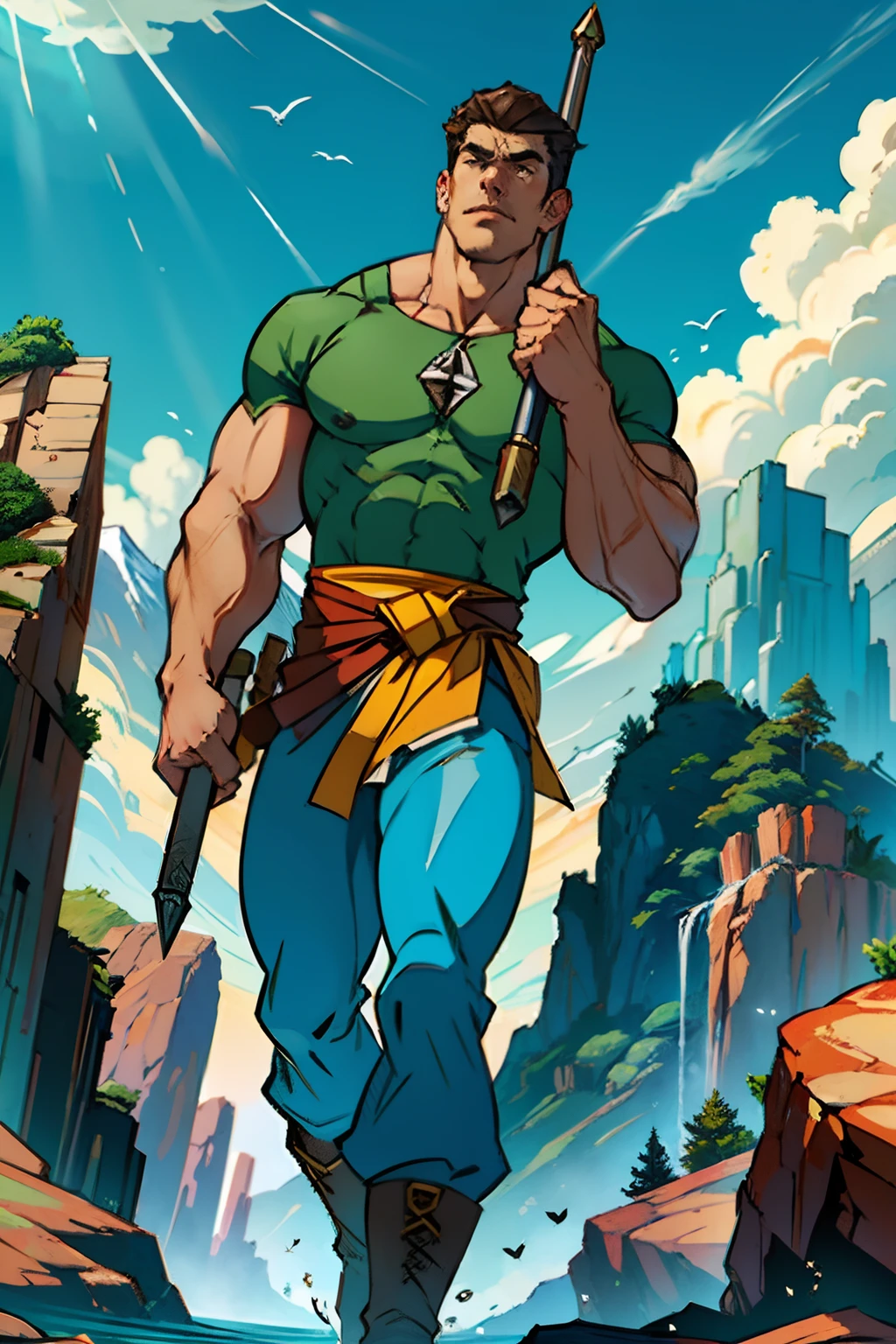 A man who is a heroic muscular man, holding up a large hammer, background is a brick wall, with distant mountains, mood is strength, enterprise, bravery, power, daytime light, character design.