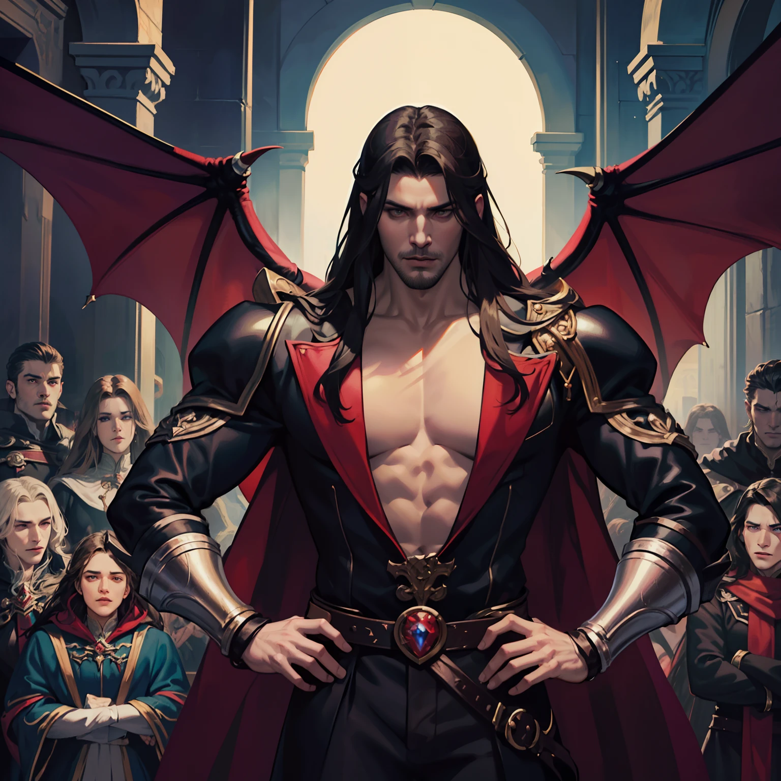 Castlevania Shadow Lord hyper realistic super detailed Dynamic shot masterpiece cinematic scene scenes movie Epic Legendary portrait of Lord Dracula chatting seriuly with demons hell in battle Hyper realistic war super detailed hyper realistic faces super detailed hyper realistic poses super detailed hands correct anatomy muscular proportions very handsome men Marvel comics style sharp details