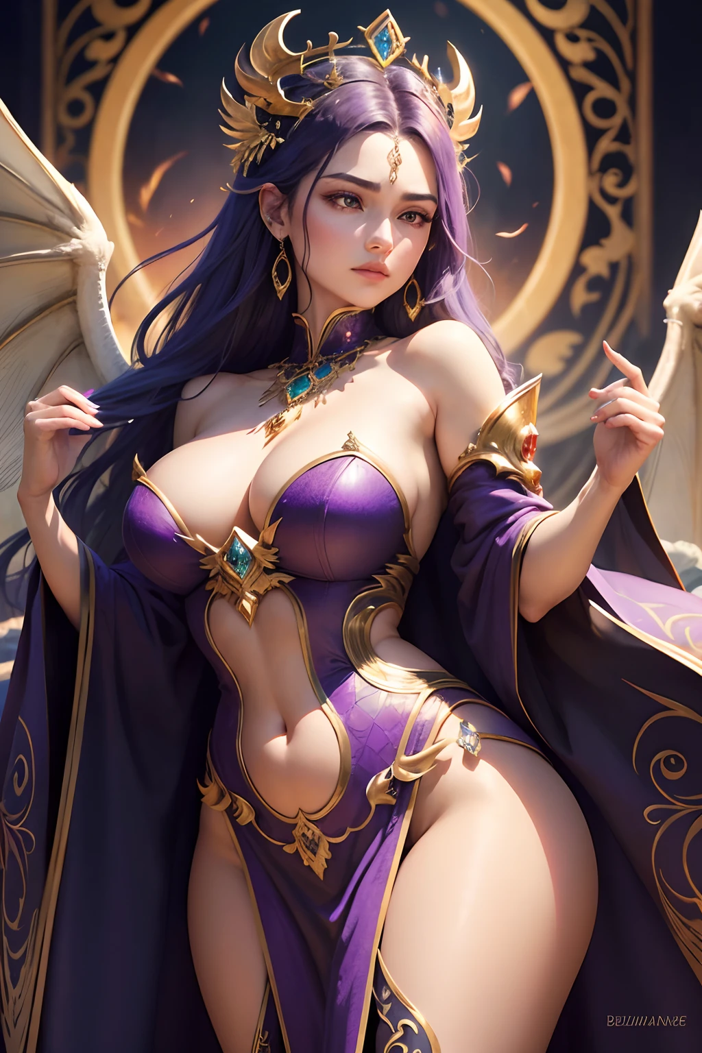 (best quality, 4k, highres, masterpiece:1.1),The Queen of the Dragons is a breathtaking sight to behold, radiating a regal and majestic aura that commands respect. She possesses a commanding presence and an otherworldly beauty that mirrors the power and magnificence of her dragon kin. Towering above mere mortals, the Queen of the Dragons stands tall and proud, her form sleek and sinuous. She possesses a lithe and muscular build, with every movement exuding grace and strength. Her scales are an exquisite tapestry of vibrant hues, reflecting the colors of fire and precious gemstones. They shimmer and glimmer in the sunlight, casting an enchanting glow upon her majestic figure. Her wings, expansive and awe-inspiring, are a testament to her mastery of the skies. Sprouting from her back, they unfurl with a grandeur that rivals the span of an ancient castle. The membranes between each wing bone are adorned with elaborate patterns, resembling intricate mosaics of glistening scales. As she soars through the air, her wings create a mesmerizing display of iridescent shades, from fiery oranges and reds to majestic blues and purples. Her eyes, intense and mesmerizing, are windows into a soul forged by wisdom and ancient knowledge. They burn with an inner fire, shimmering with a golden or emerald hue that captures the essence of her draconic heritage. They possess an ageless wisdom, conveying a sense of ancient power and an unwavering resolve. Adorned in regal attire, the Queen of the Dragons dons robes and garments befitting her status as ruler. Elaborate gowns, crafted from the finest fabrics and embellished with intricate patterns reminiscent of dragon scales, flow around her form. Jewels and ornaments of precious metals, encrusted with gemstones that match the colors of her scales, accentuate her regal beauty. Her presence inspires awe and reverence among her subjects,