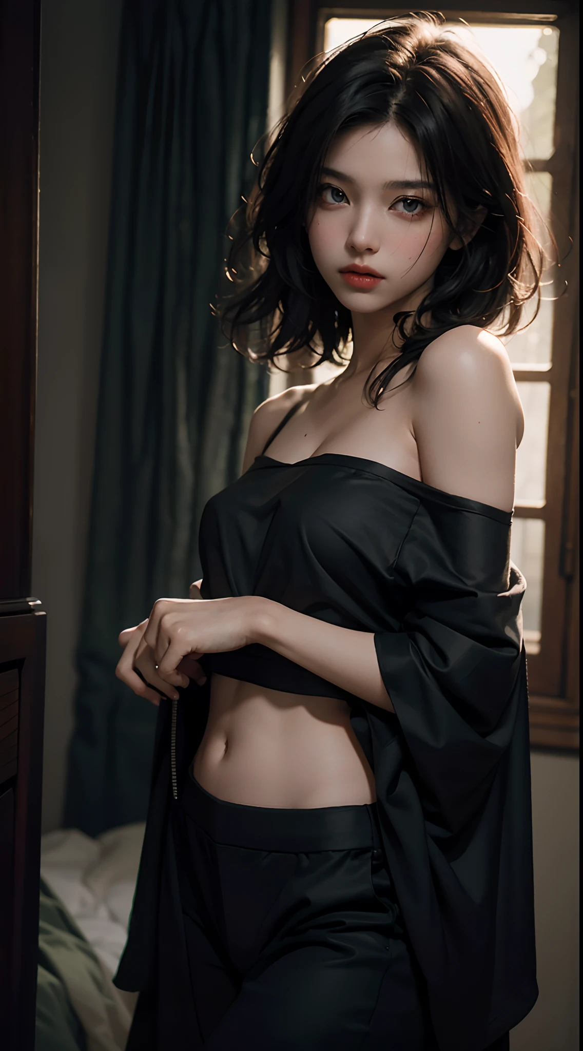 (huge breast),、NSFW, nude, 官能的な表情、Top image quality、Raw photography、超A high resolution、An 18-year-old woman、Shooting for one person only、modelshoot、Autumn outfit、Beautiful Eyes of Details、very elongated eyes、Beautiful eyelashes、Beautiful double eyelids、Black walls、very slender legs、Shorthair with light brown hair、very slender physique、Very small buttocks