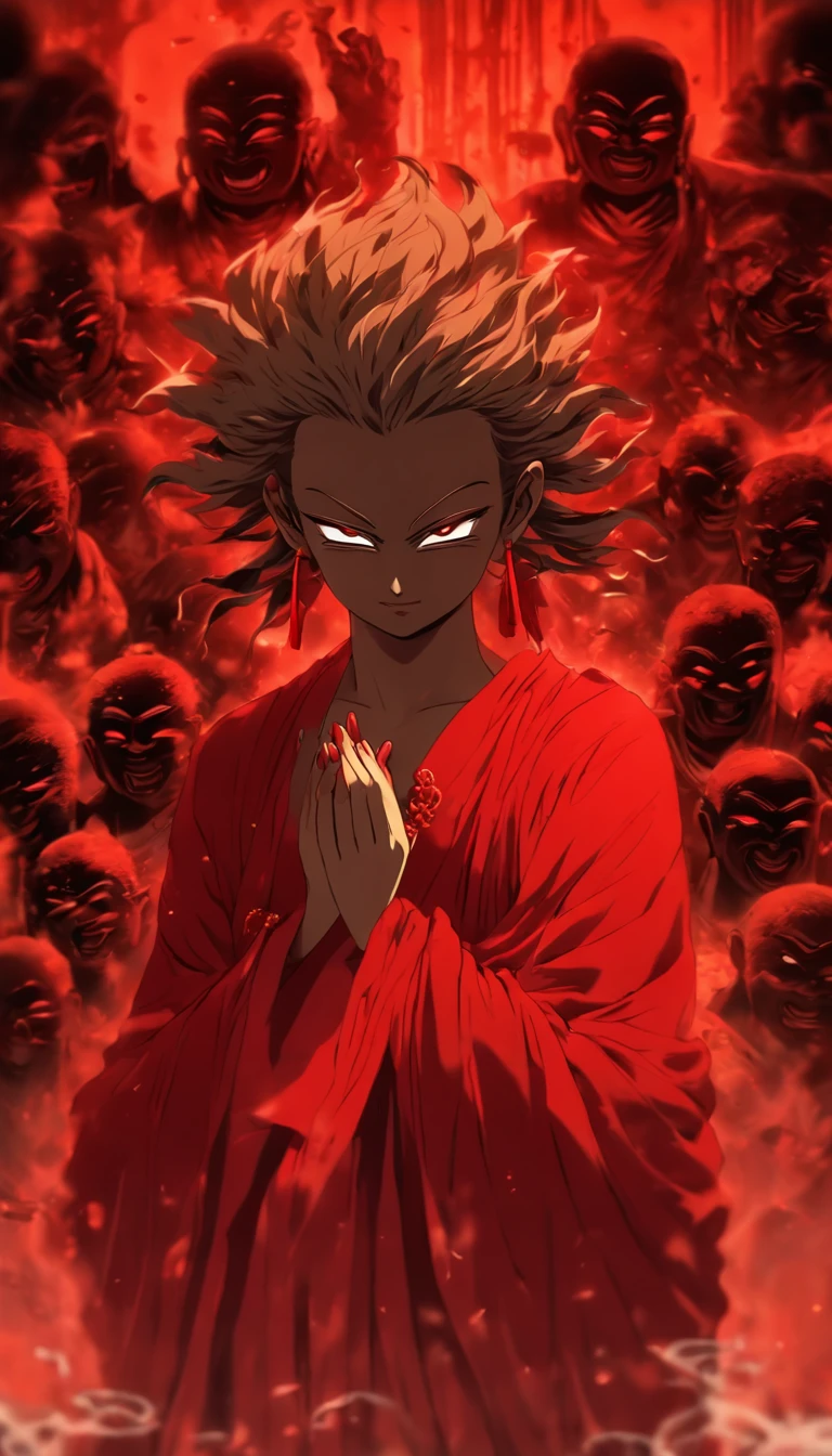 Blood red room, Flashing white TV screen, BUDDHA STATUE, cabelos preto e longos, with hair dishevelled, Cover one eye and face, Bright red eyes, Wearing a white transparent robe, Looming full breasts,liquor,Devil, reaching out her hands,Straighten your body, Red nails are exposed, Pinch the camera, hyper HD, Anatomically correct, Textured skin, Super detail, High details, High quality, A high resolution, 8K, hyper HD, Anatomically correct, Textured skin, Super detail, High details, High quality, Best quality, 8K,Leishnampo,Room 2,Horror