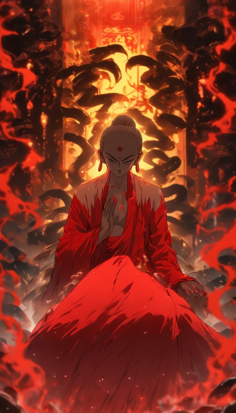 Blood red room, Flashing white TV screen, BUDDHA STATUE, cabelos preto e longos, with hair dishevelled, Cover one eye and face, Bright red eyes, Wearing a white transparent robe, Looming full breasts,liquor,Devil, reaching out her hands,Straighten your body, Red nails are exposed, Pinch the camera, hyper HD, Anatomically correct, Textured skin, Super detail, High details, High quality, A high resolution, 8K, hyper HD, Anatomically correct, Textured skin, Super detail, High details, High quality, Best quality, 8K,Leishnampo,Room 2,Horror