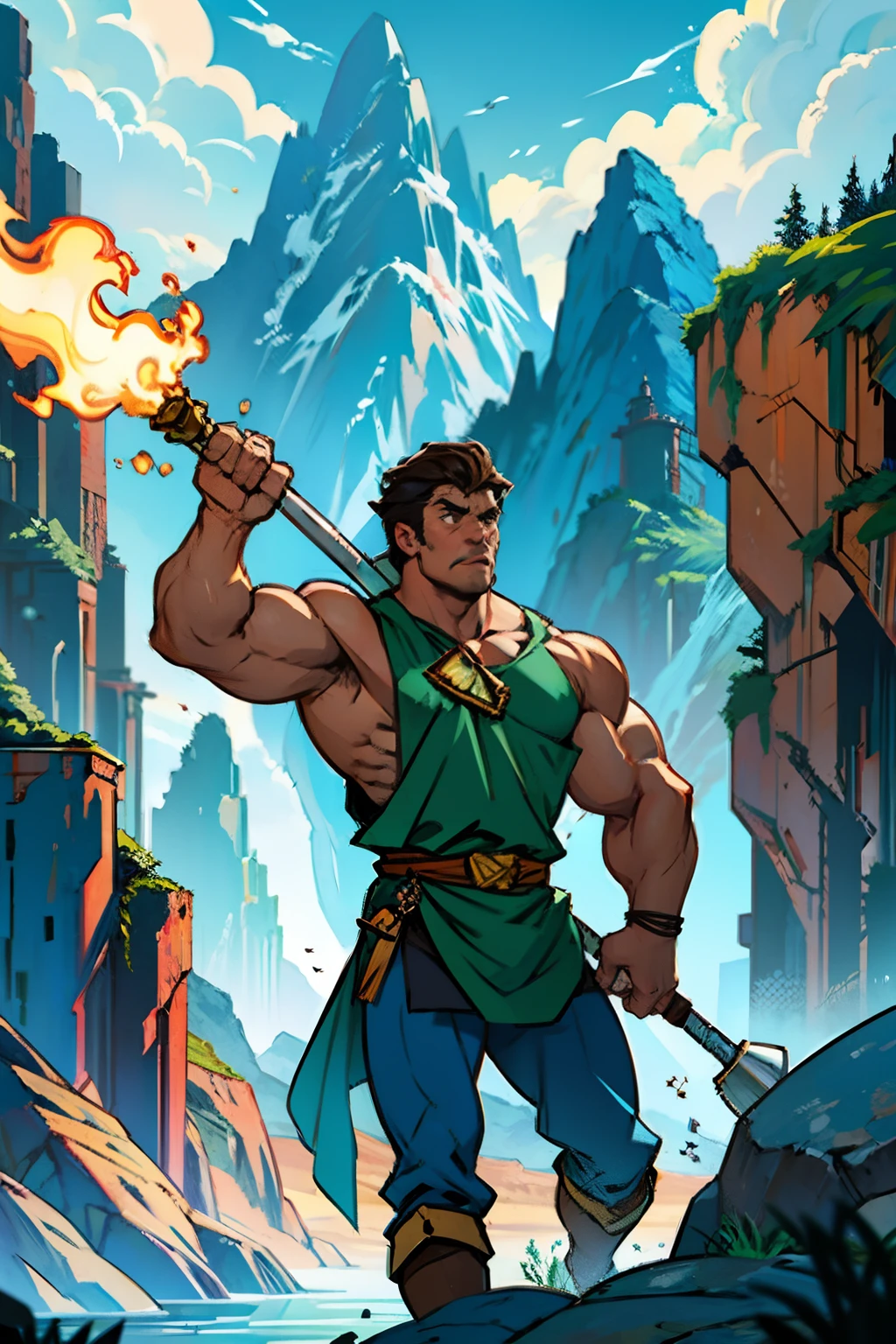 A man who is a heroic muscular man, holding up a large hammer, background is a brick wall, with distant mountains, mood is strength, enterprise, bravery, power, daytime light, character design.