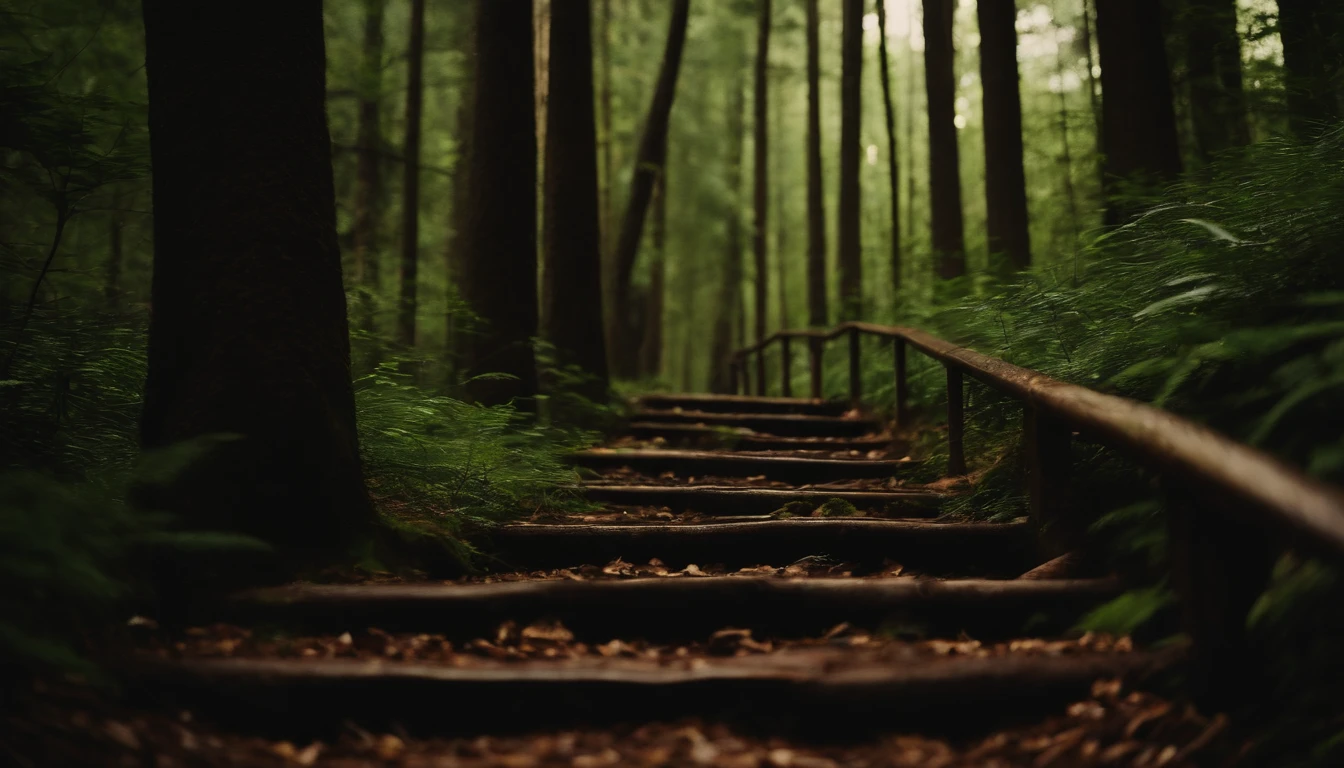 long stairs,Dense forest,bancovered