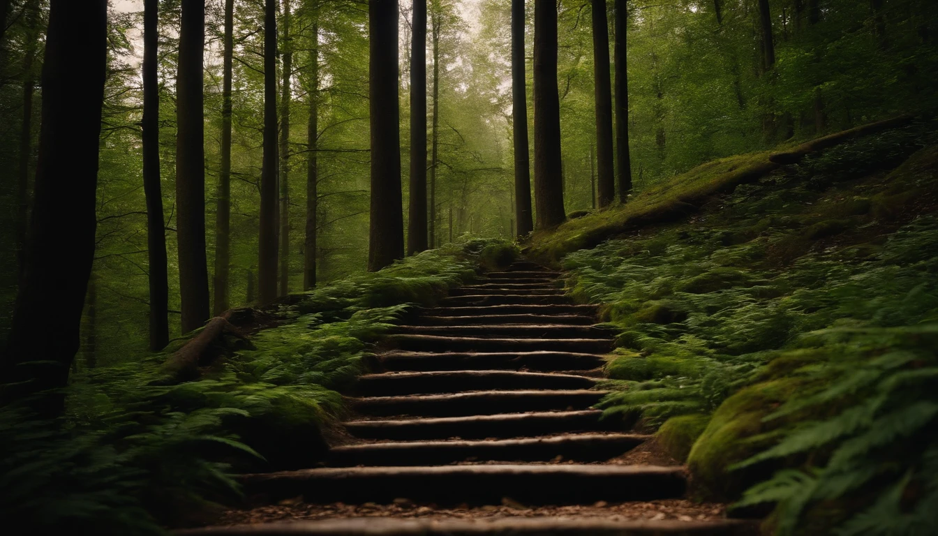 long stairs,Dense forest,bancovered