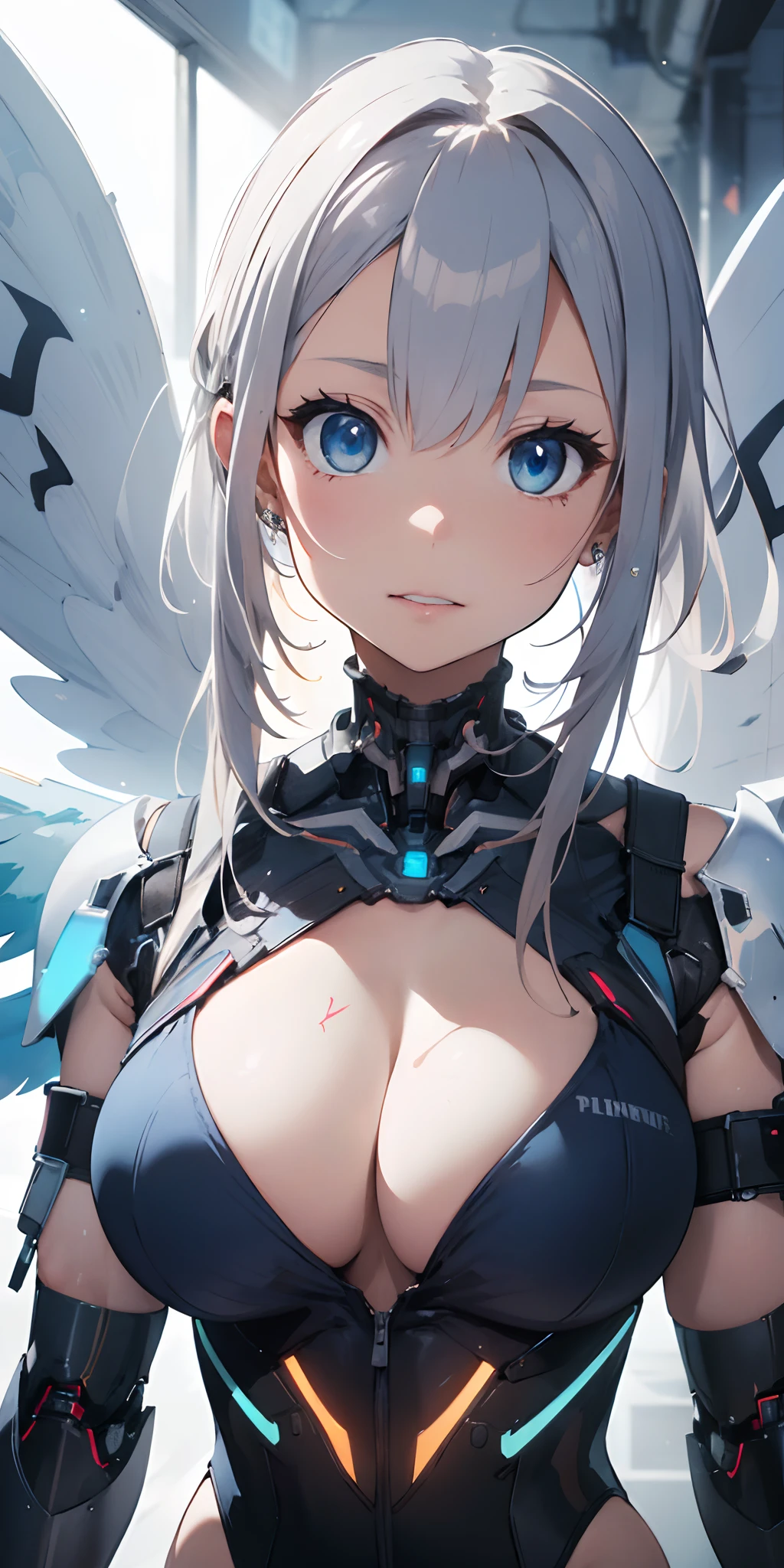 The most beautiful and sexy futuristic cyberpunk girl, platinum red hair, blue eyes, wearing highly detailed futuristic battle armor, cybernetic angel wings, glowing neon halo, huge gigantic tits, cleavage showing, tons of tattoos and piercings, futuristic graffiti style background, highly detailed background, perfect masterpiece, high quality, high resolution
