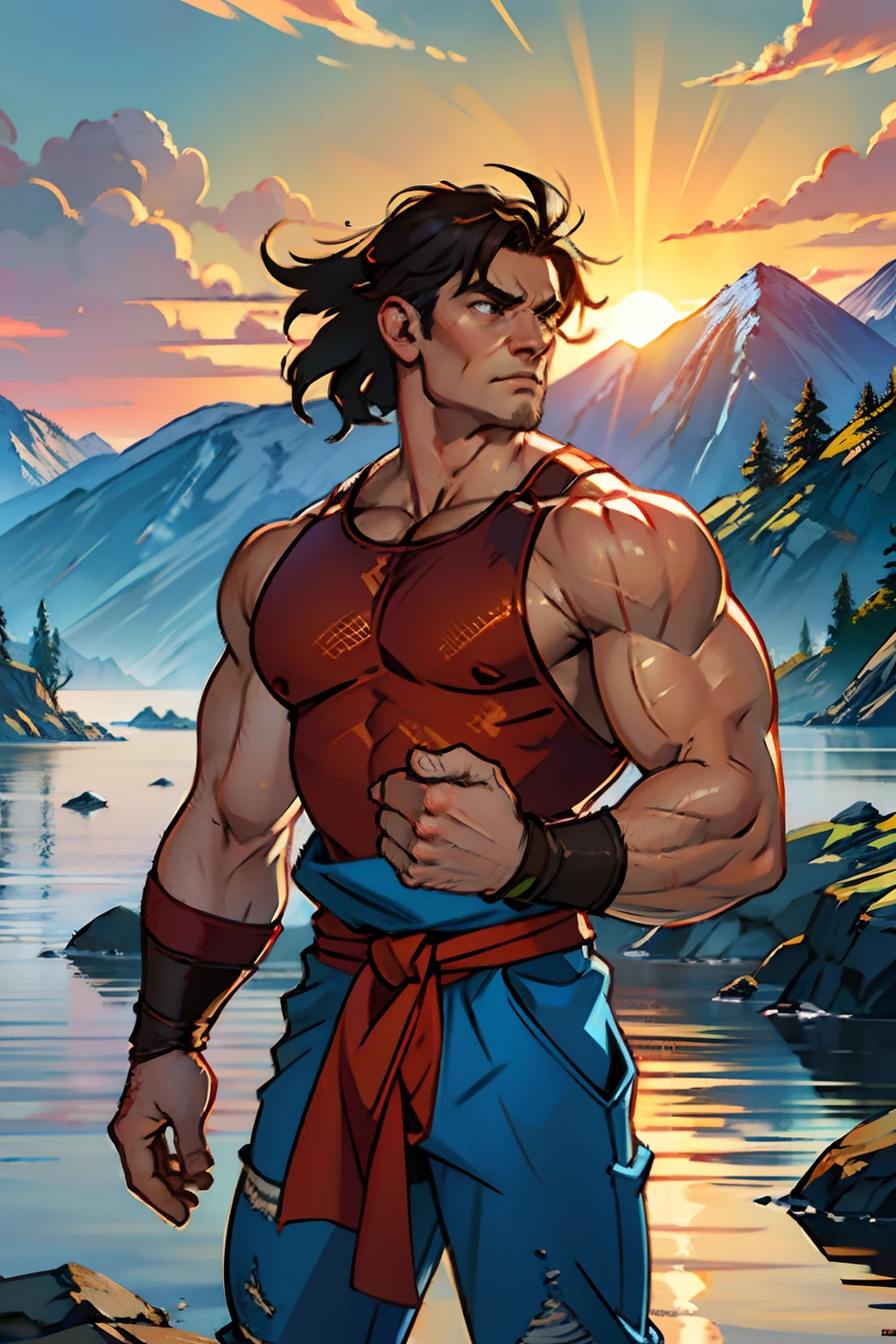 (best quality,4k,8k,highres,masterpiece:1.2),ultra-detailed,(realistic,photorealistic,photo-realistic:1.37),
heroic muscular man,large hammer,powerful build,strong appearance,strained muscles,elevated physique,strong jawline,
determined eyes,fierce expression,rippling biceps,bulging veins,glistening sweat,
brick wall,detailed texture,rugged surface,vibrant red hue,weathered and aged,
distant mountains,majestic peaks,misty silhouette,blueish tint,far-off horizon,
strength,enterprise,bravery,power,indomitable spirit,onslaught of energy,
daytime light,bright and radiant sun,illuminating scenery,clear and vivid,
character design,imposing presence,commanding stature,integral part of the composition,