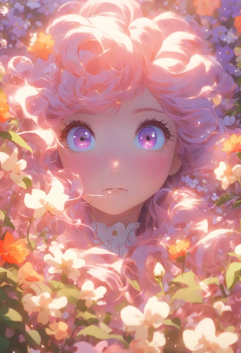 a girl, long lilac hair, fair skin, violet eyes, a mole under the left eye, in a beautiful flower garden