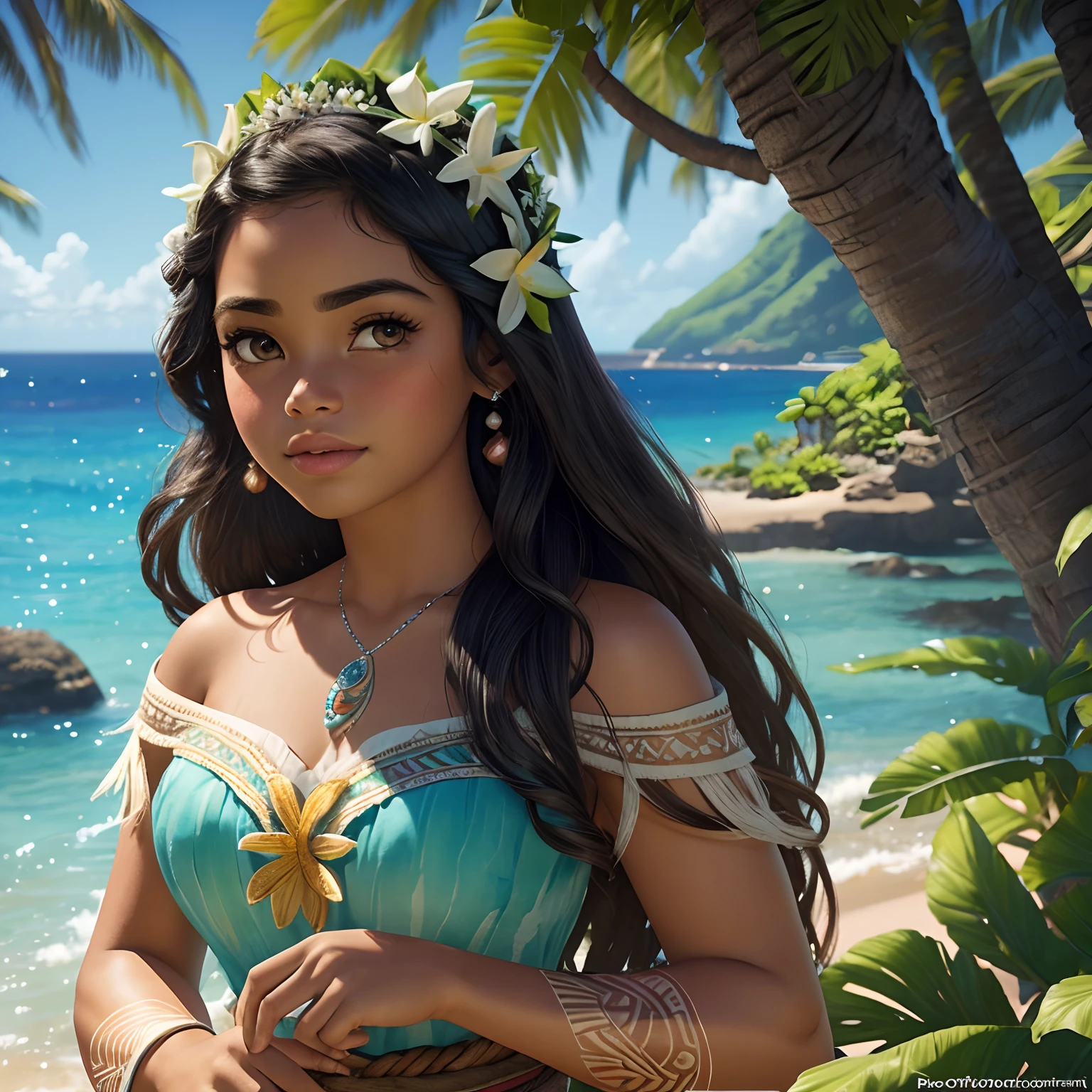 Moana(princesa), coroa de flores, (((fotorealistica))), (melhor qualidade)