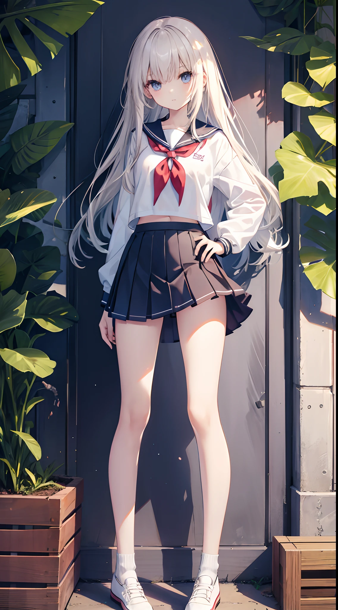top-quality、Slender beauty、straight haired、knee high、hi-school girl、summer clothing、Ultra mini skirt、Underpants、Panchira、Put your hands on your hips、Niō Standing,Beautiful and perfect legs, Clean and perfect hands