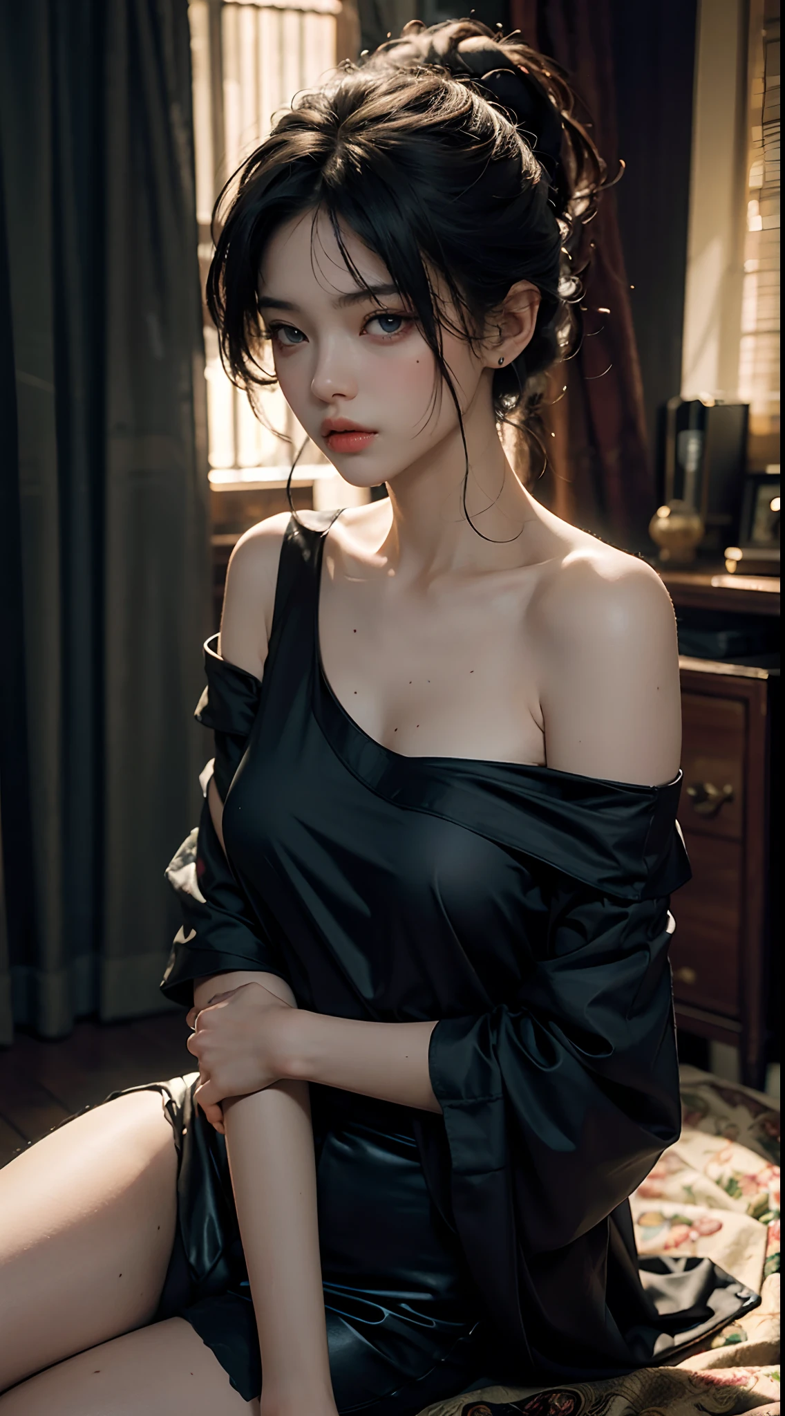 Highest quality, masterpiece, Ultra-high resolution, (Realistic:1.5), RAW Photos, 1 girl, Off the shoulder, Luxury Hotel, Deep Shadow, Discreet keys, Cold Light, Sexy Looks, Gorgeous Dress、elegant necklace、((Small breasts))、Looking at the audience、