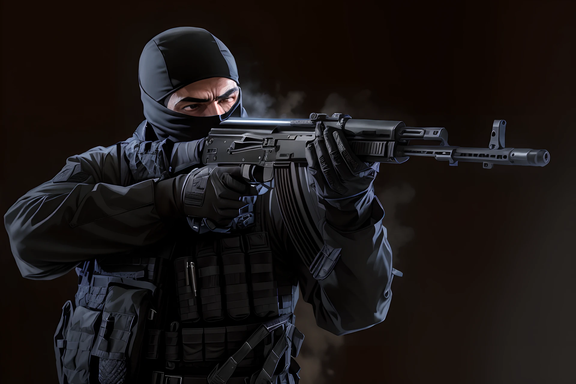 arafed man in black uniform holding a machine gun, airsoft cqb, black tactical gear, french special ops, armed with edged weapons, wearing tactical gear, special forces security, tactical gear, wielding assault rifle, a soldier aiming a gun, dramatic wielding gun pose, tactical, airsoft close quarter combat, man is carrying a rifle, holding rifle