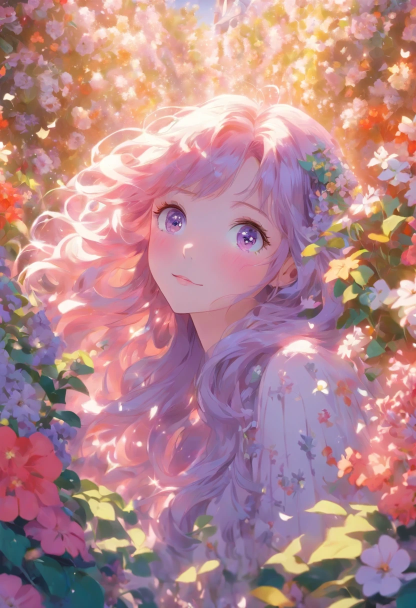 a girl, long lilac hair, fair skin, violet eyes, a mole under the left eye, in a beautiful flower garden